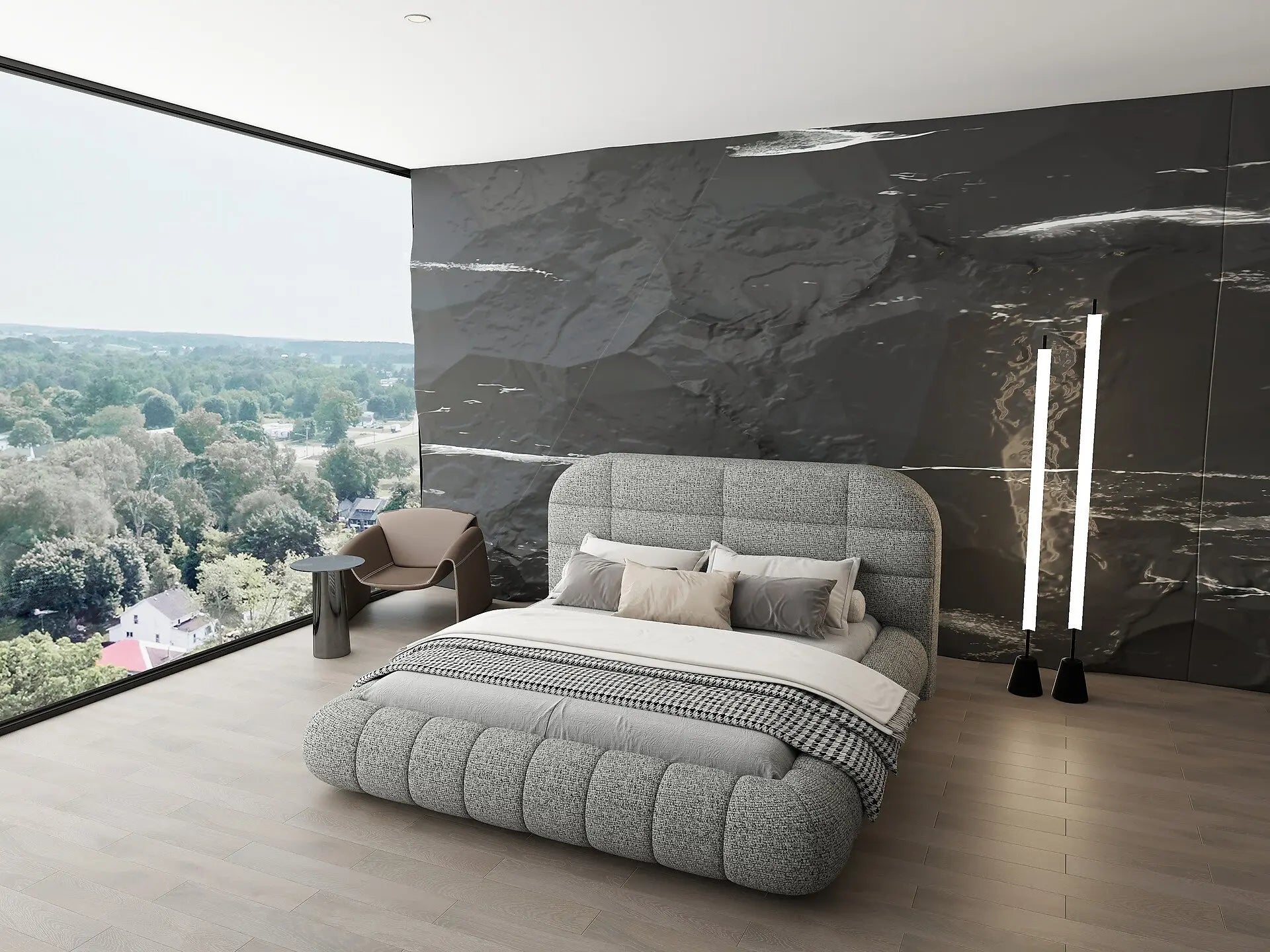 Pat dormitor dumonde, tapitat gri, Senso 180x200 cm, somiera rabatabila inclusa, spatiu depozitare