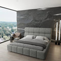 Pat dormitor dumonde, tapitat grey, Prestige 180x200 cm, somiera rabatabila inclusa, spatiu depozitare