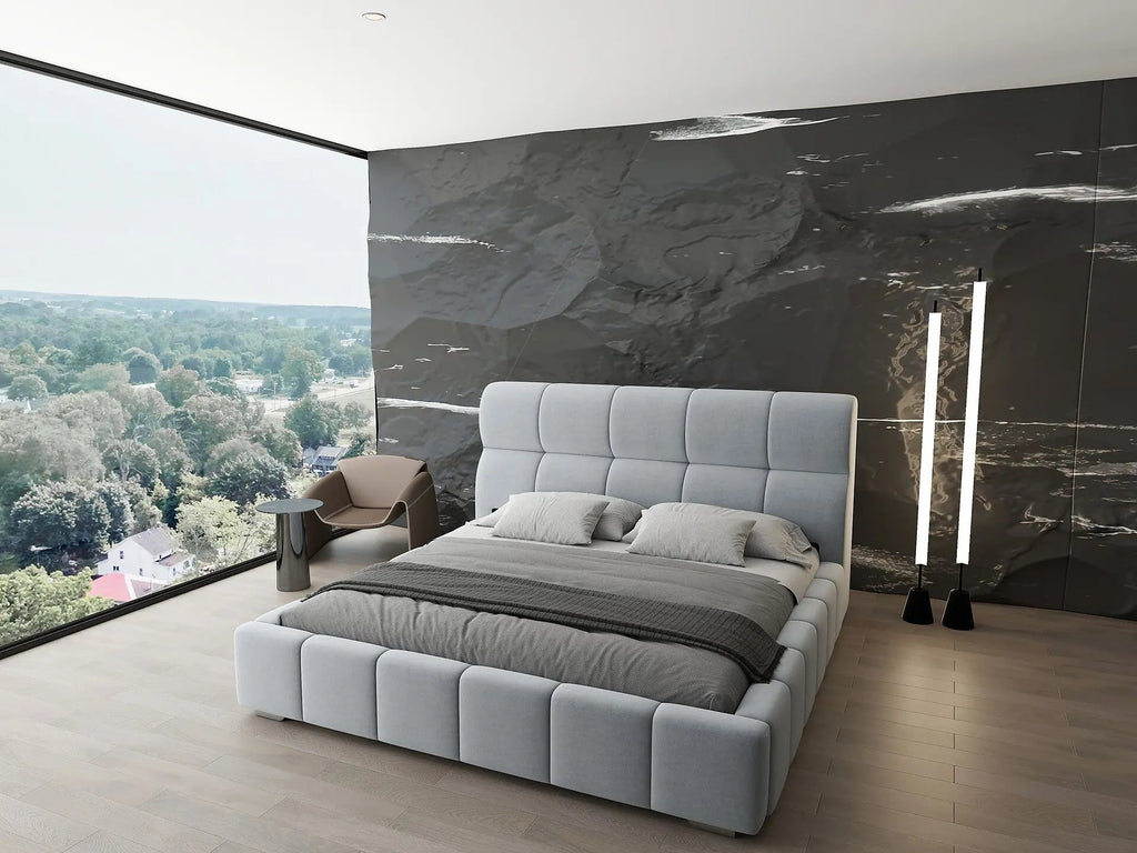 Pat dormitor dumonde, tapitat gri, Prestige 160x200 cm, somiera rabatabila inclusa, spatiu depozitare