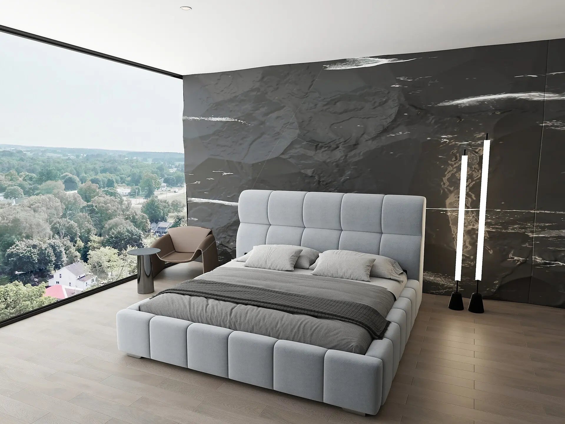 Pat dormitor dumonde, tapitat gri, Prestige 160x200 cm, somiera rabatabila inclusa, spatiu depozitare