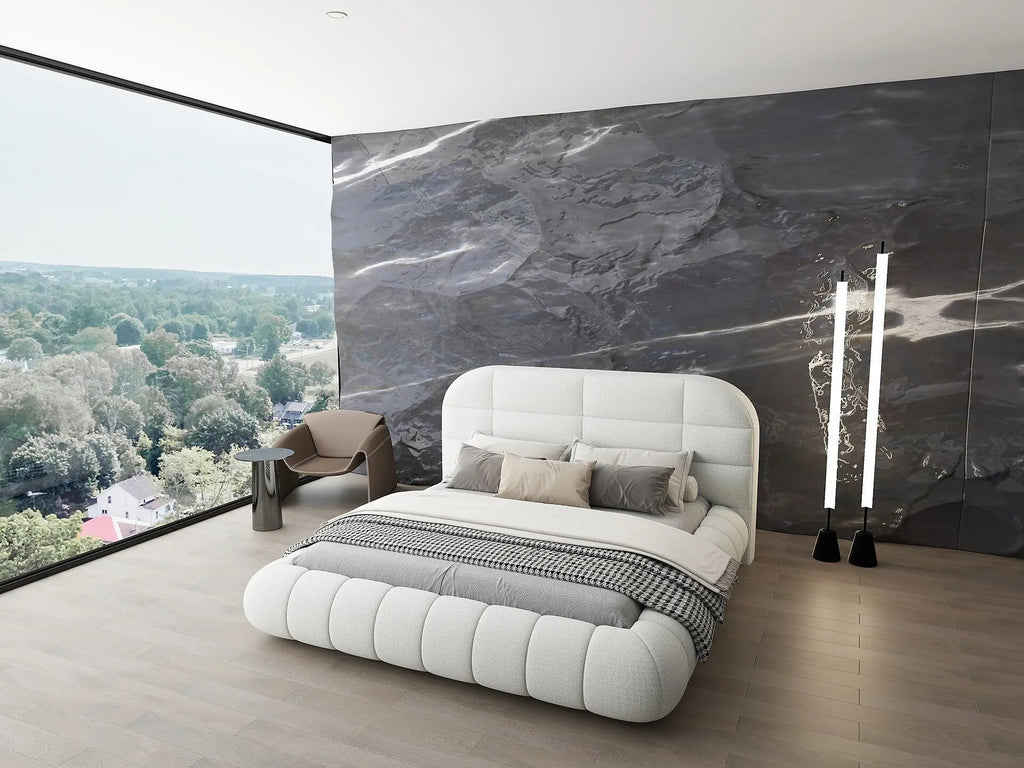 Pat dormitor dumonde, tapitat alb, Senso 160x200 cm, somiera rabatabila inclusa, spatiu depozitare