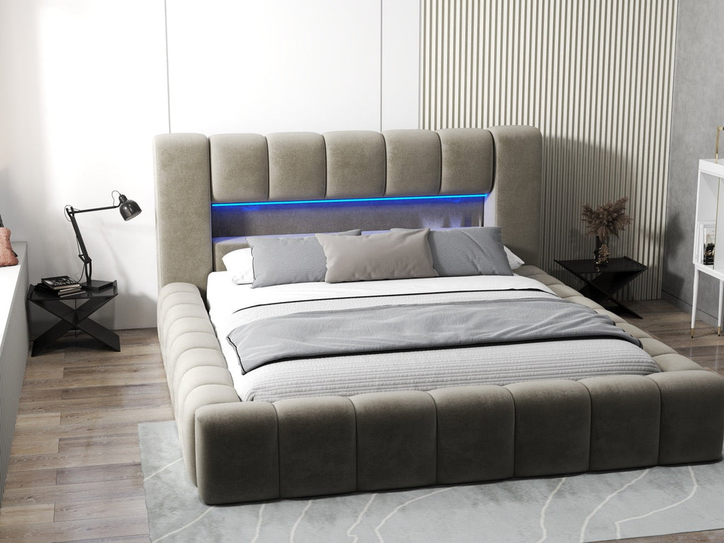 Pat dormitor dumonde, tapitat bej cu LED si USB, Palermo 160x200 cm, somiera rabatabila inclusa, spatiu depozitare