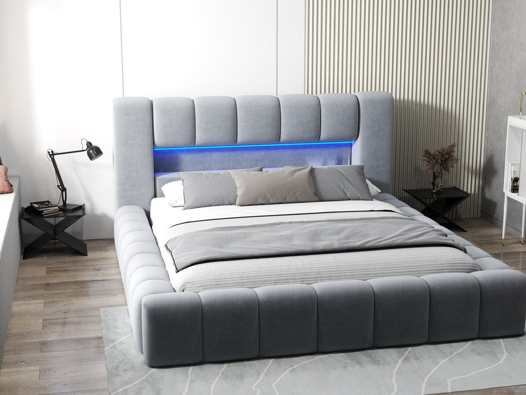 Pat dormitor dumonde, tapitat gri cu LED si USB, Palermo 160x200 cm, somiera rabatabila inclusa, spatiu depozitare