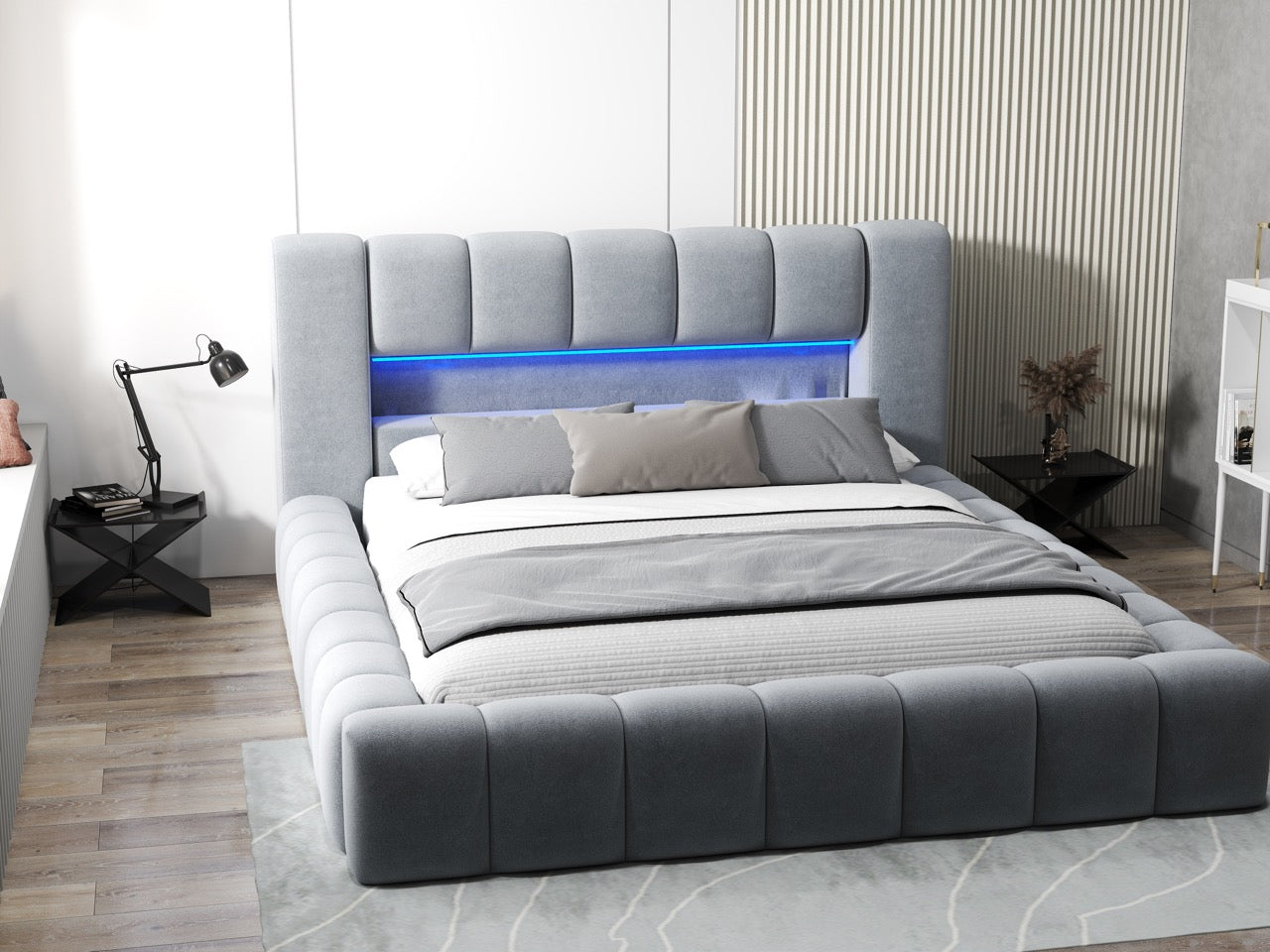Pat dormitor dumonde, tapitat gri cu LED si USB, Palermo 160x200 cm, somiera rabatabila inclusa, spatiu depozitare