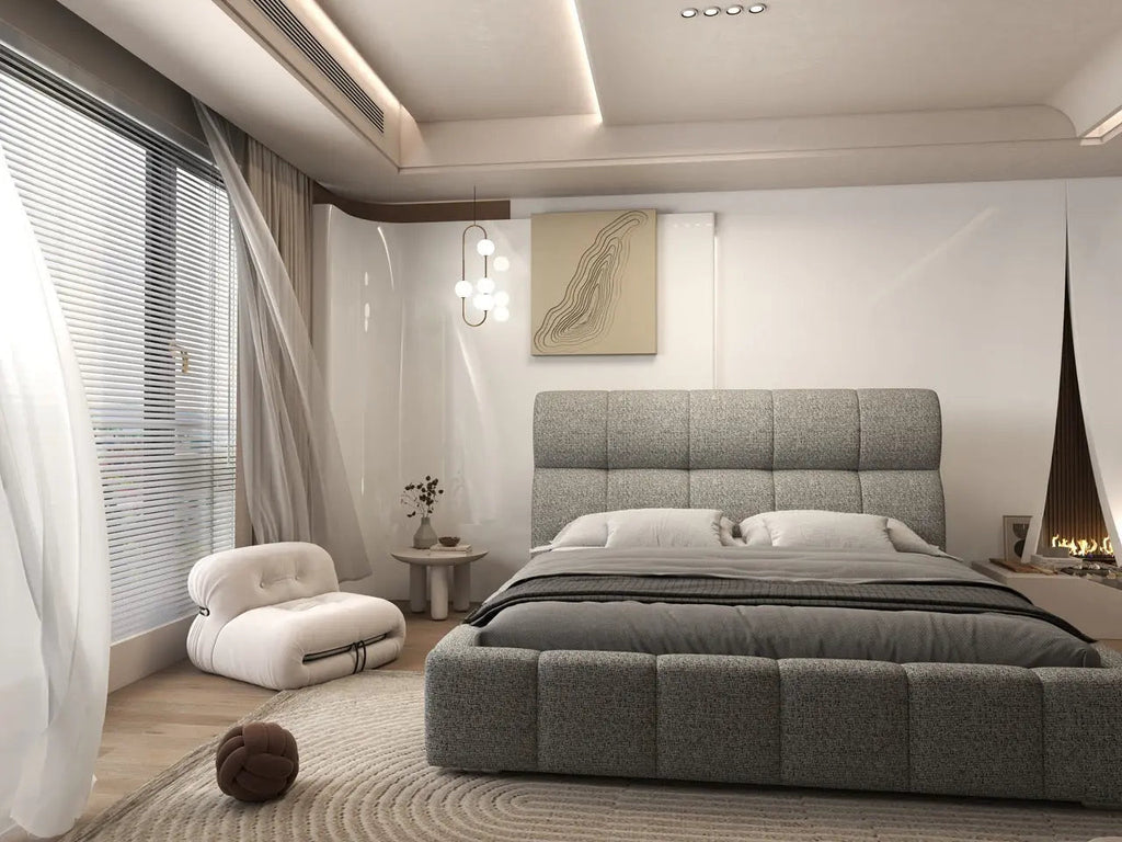 Pat dormitor dumonde, tapitat bej, Prestige 180x200 cm, somiera rabatabila inclusa, spatiu depozitare