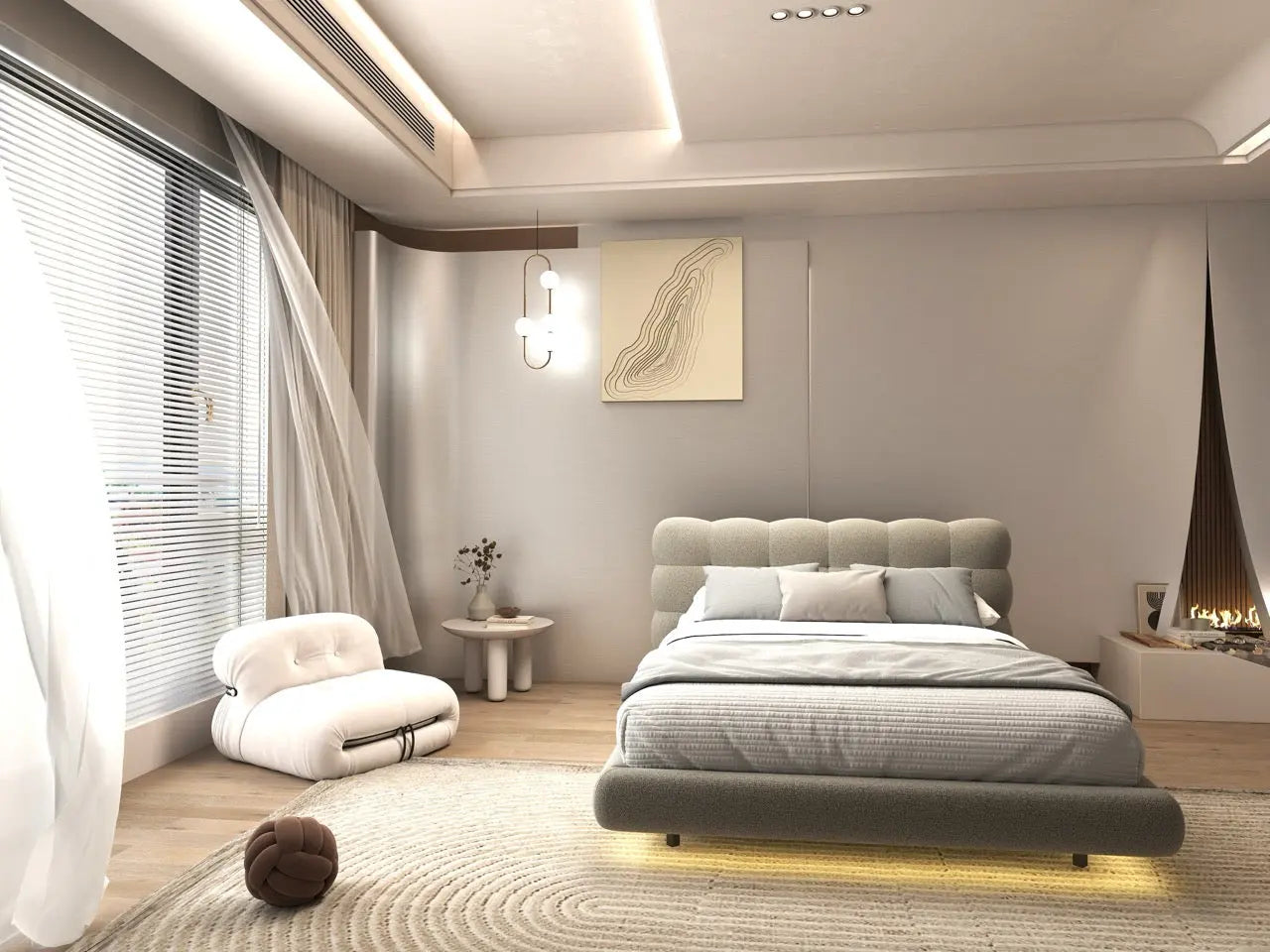 Pat dormitor dumonde, tapitat bej cu LED, "floating bed" Cloud 160x200 cm, somiera inclusa