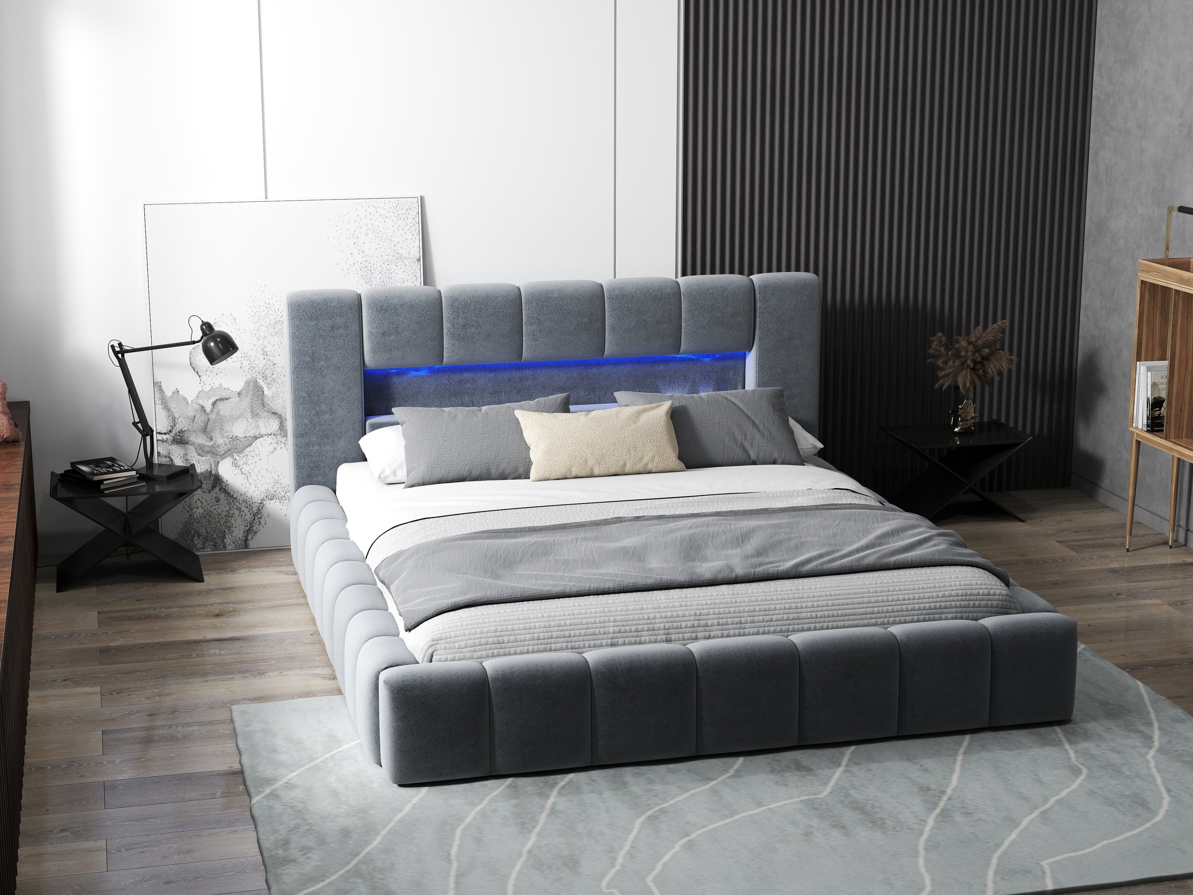Pat dormitor dumonde, tapitat gri cu LED si USB, Palermo 180x200 cm, somiera rabatabila inclusa, spatiu depozitare