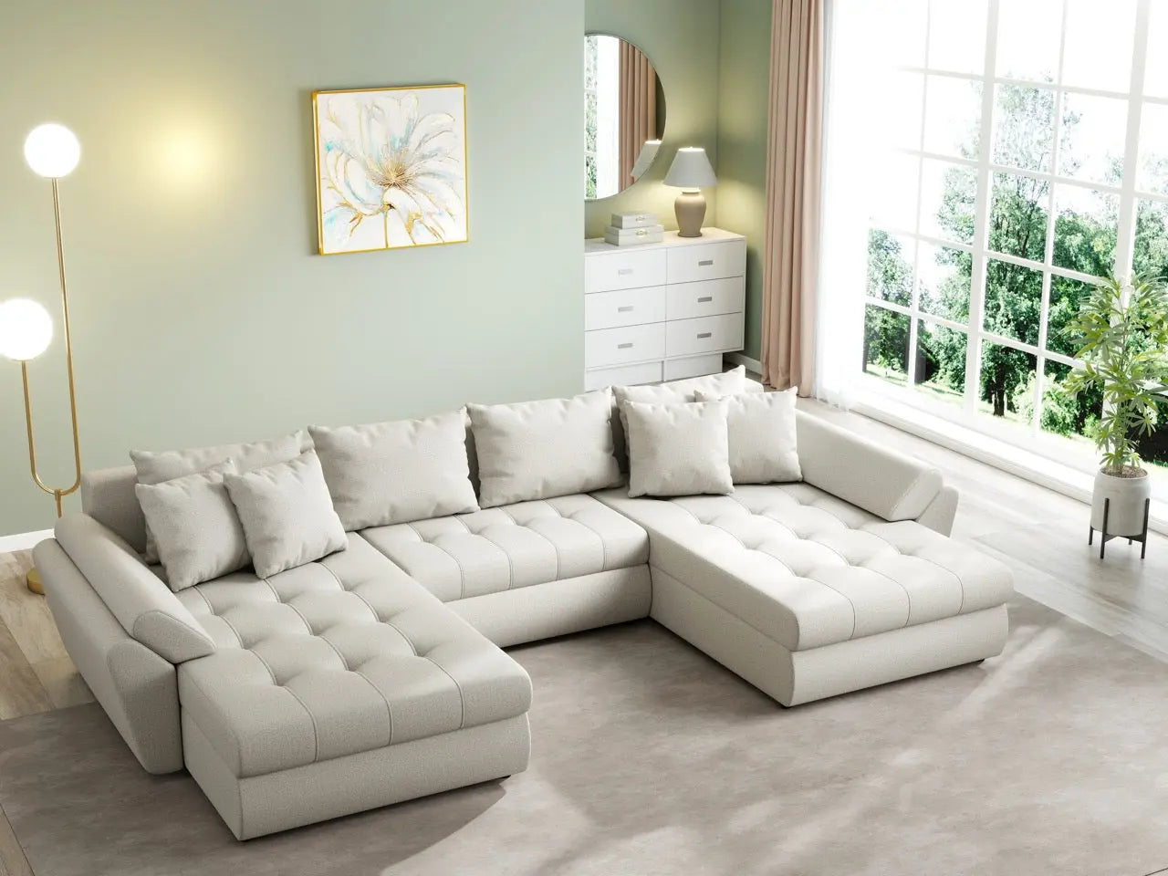Colțar extensibil dumonde cu ladă de depozitare si sezut confortabil din spuma high-density, Loana U Enjoy Bej 355x185 cm