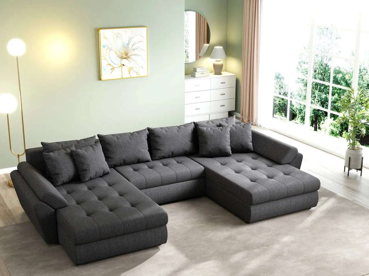Colțar extensibil dumonde cu ladă de depozitare si sezut confortabil din spuma high-density, Loana U Enjoy Grafit 355x185 cm