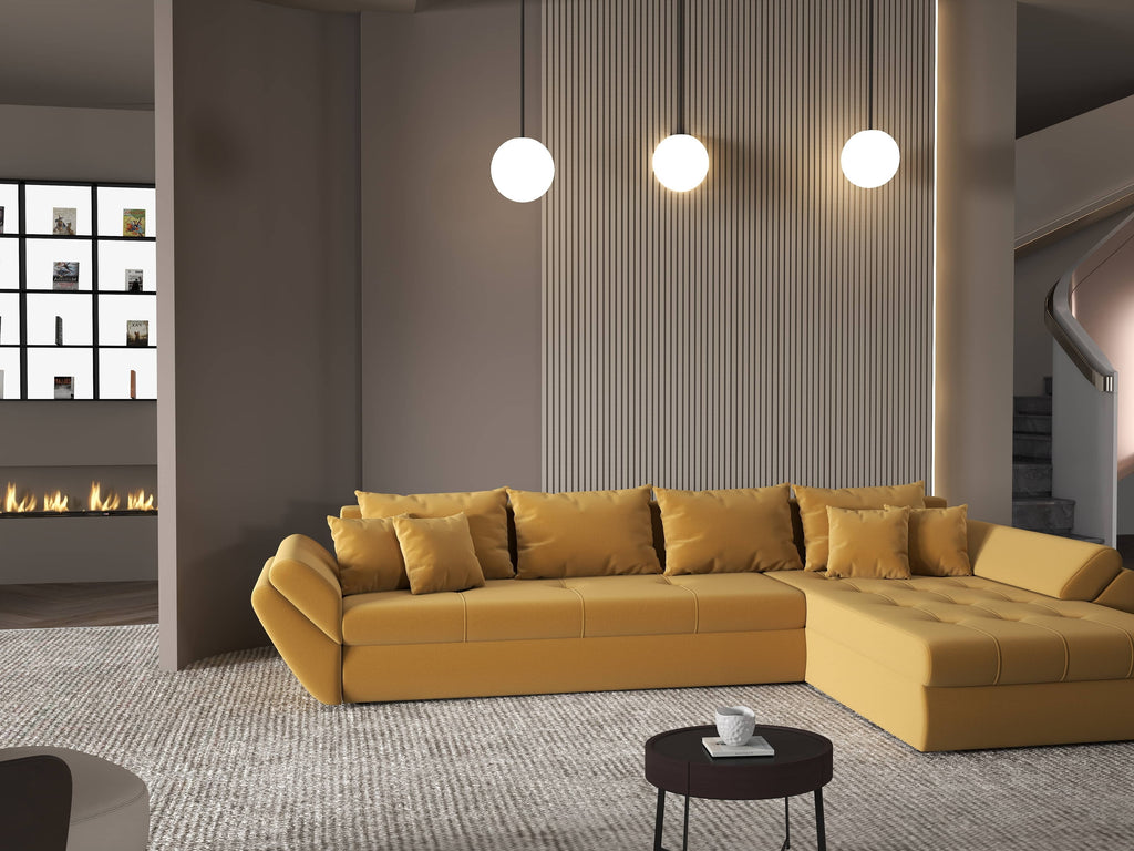 Colțar extensibil dumonde cu ladă de depozitare si sezut confortabil din spuma high-density, Loana XL Royal Mustar II 335x185 cm