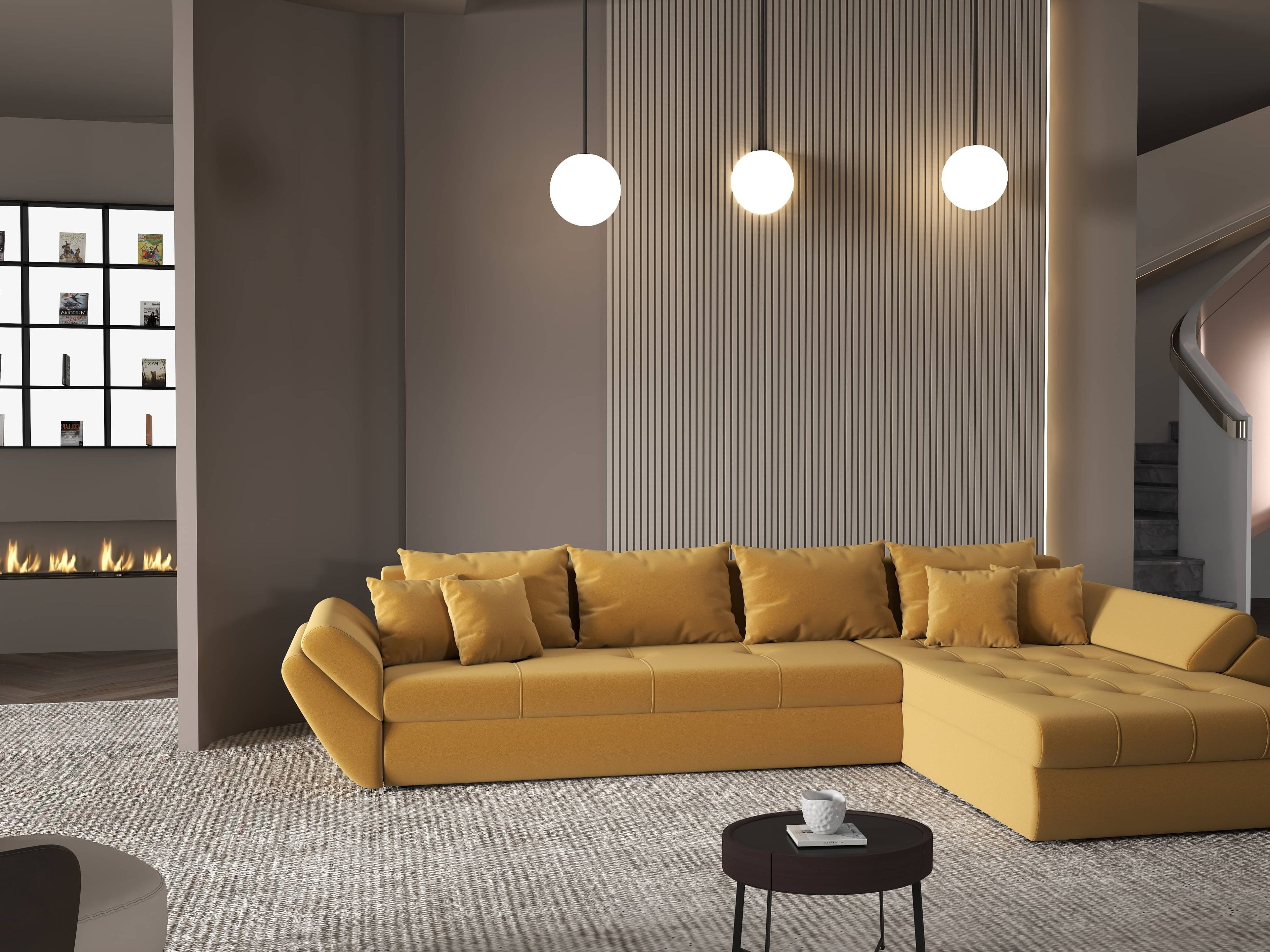 Colțar extensibil dumonde cu ladă de depozitare si sezut confortabil din spuma high-density, Loana XL Royal Mustar II 335x185 cm