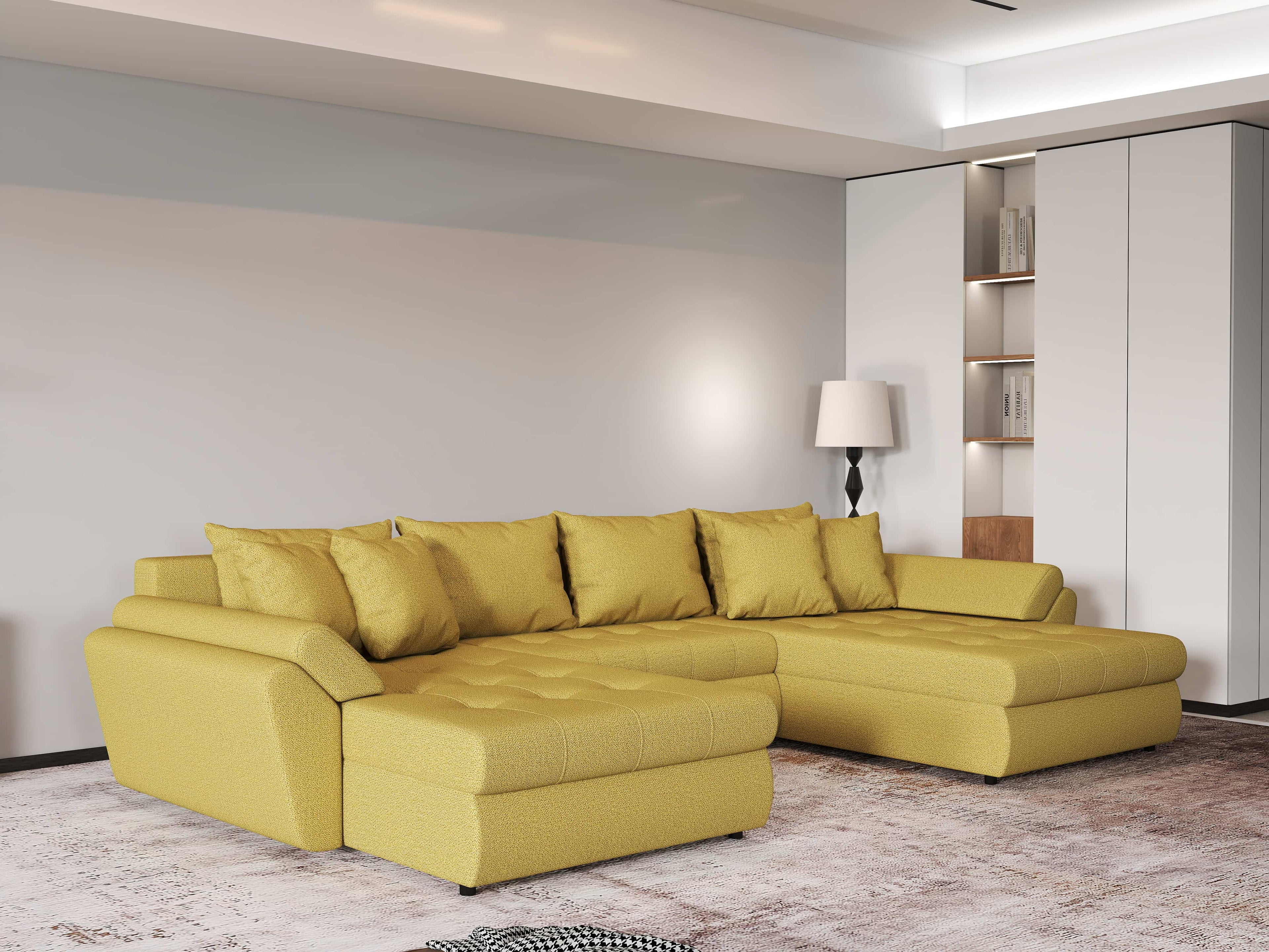 Colțar extensibil dumonde cu ladă de depozitare si sezut confortabil din spuma high-density, Loana U Enjoy Melon 355x185 cm