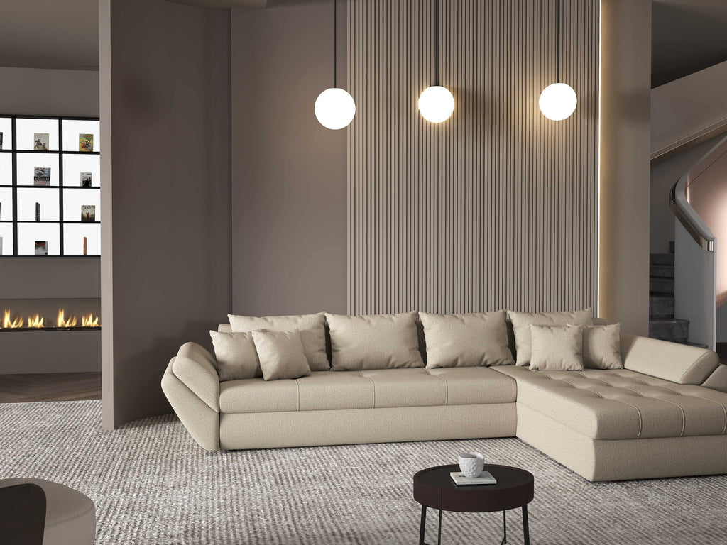 Colțar extensibil dumonde cu ladă de depozitare si sezut confortabil din spuma high-density, Loana XL Enjoy Camel II 335x185 cm