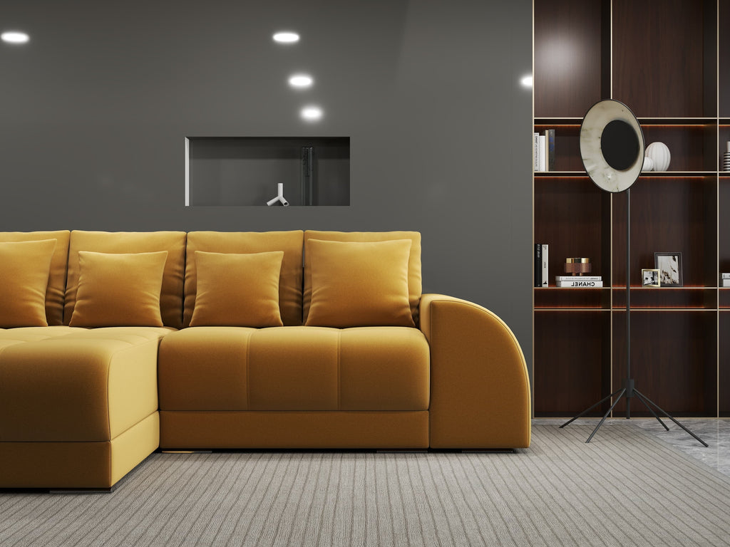 Colțar extensibil dumonde cu ladă de depozitare si sezut confortabil din spuma high-density, Verona Royal Mustar 290x185 cm