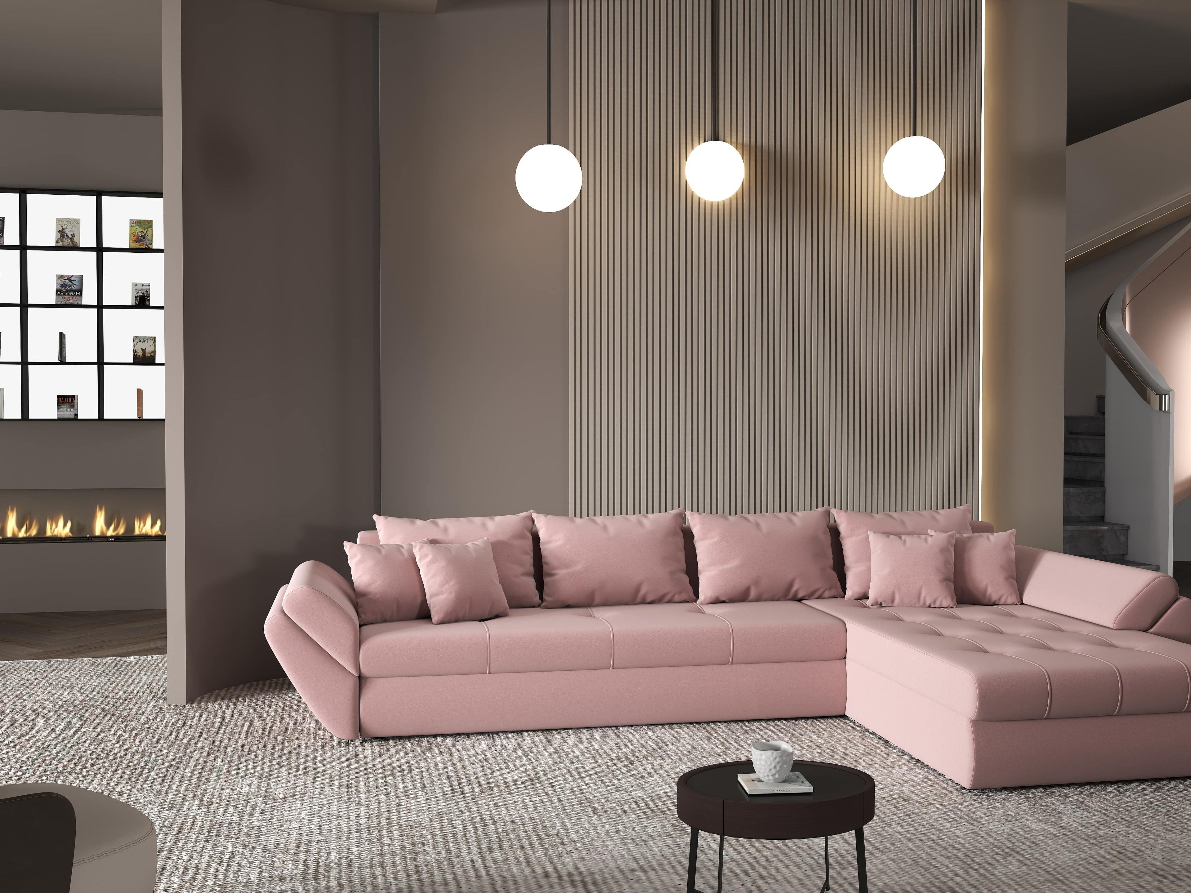 Colțar extensibil dumonde cu ladă de depozitare si sezut confortabil din spuma high-density, Loana XL Royal Roz II 335x185 cm