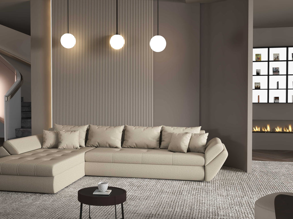 Colțar extensibil dumonde cu ladă de depozitare si sezut confortabil din spuma high-density, Loana XL Enjoy Camel 335x185 cm