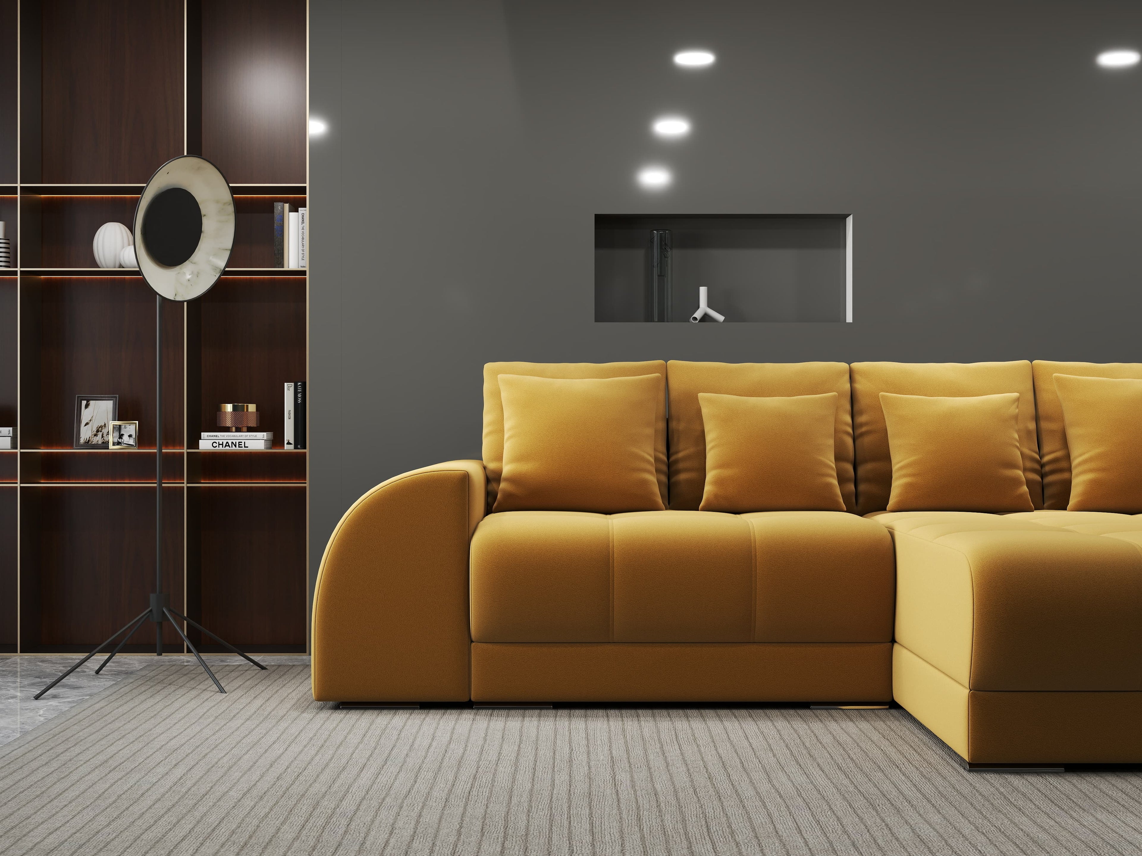 Colțar extensibil dumonde cu ladă de depozitare si sezut confortabil din spuma high-density, Verona Royal Mustar II 290x185 cm