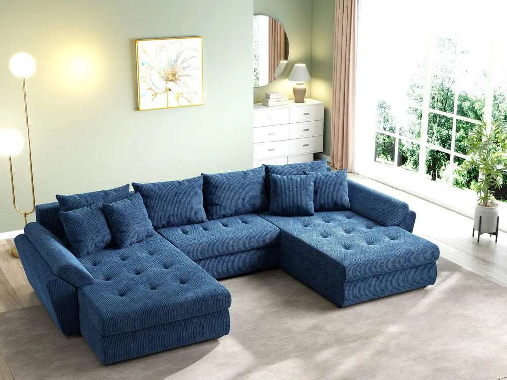 Colțar extensibil dumonde cu ladă de depozitare si sezut confortabil din spuma high-density, Loana U Zoom Blue 355x185 cm