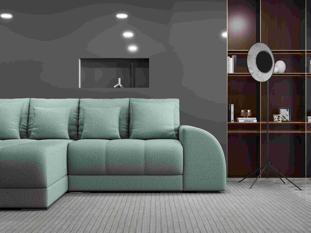 Colțar extensibil dumonde cu ladă de depozitare si sezut confortabil din spuma high-density, Verona Enjoy Mint 290x185 cm