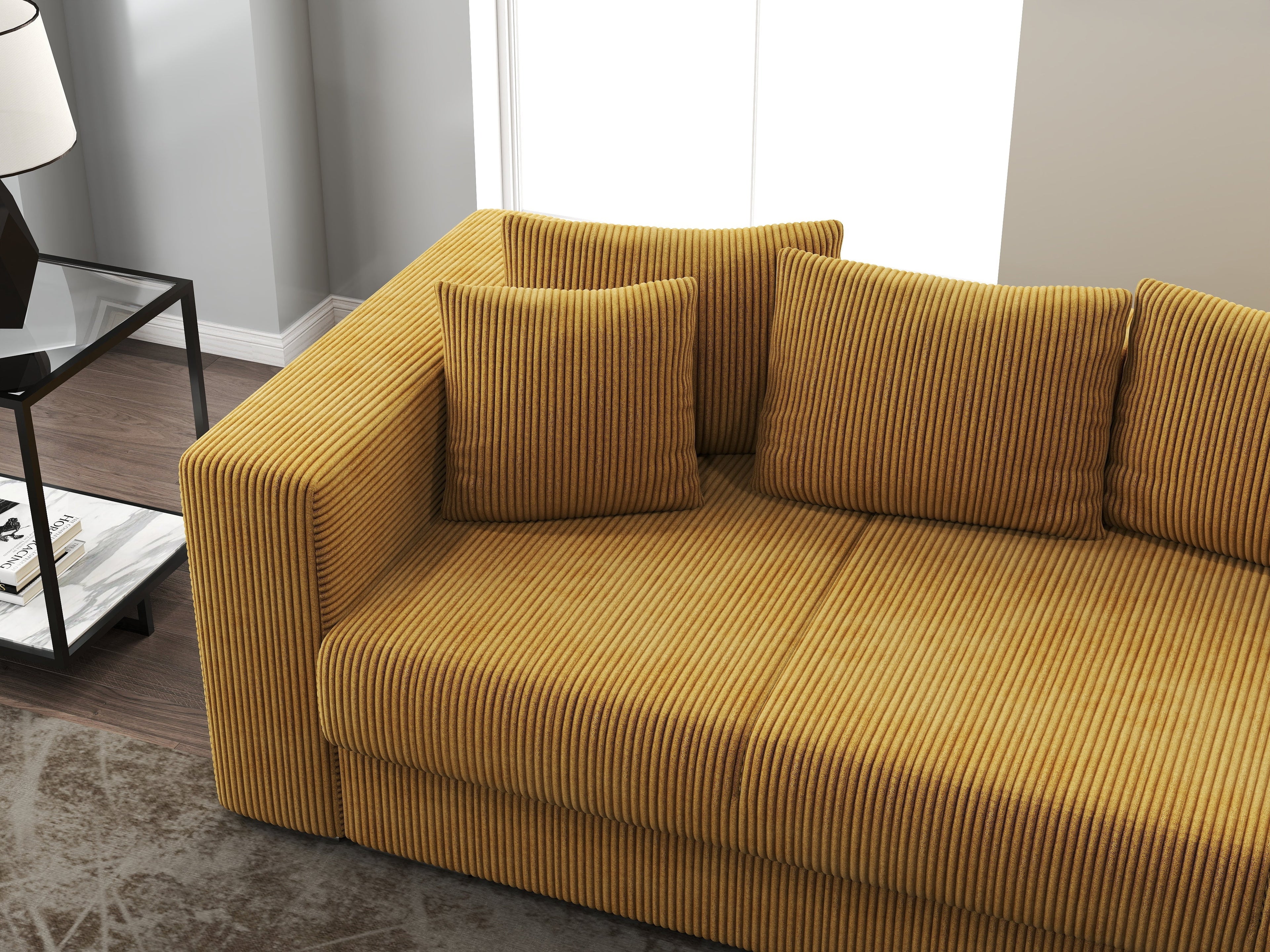 Canapea extensibilă dumonde cu ladă de depozitare si sezut confortabil din spuma high-density, Gloria Zoom Mustar 240x100 cm