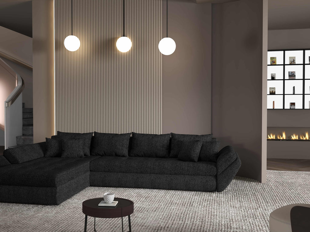 Colțar extensibil dumonde cu ladă de depozitare si sezut confortabil din spuma high-density, Loana XL Enjoy Negru 335x185 cm