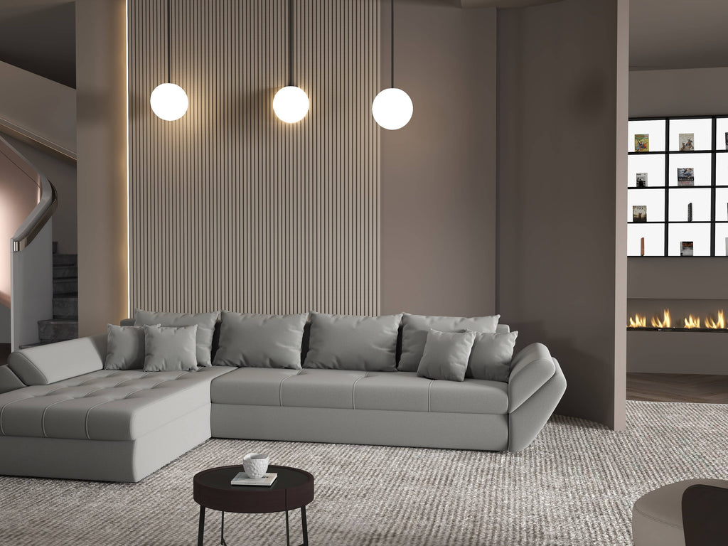Colțar extensibil dumonde cu ladă de depozitare si sezut confortabil din spuma high-density, Loana XL Royal Gri 335x185 cm
