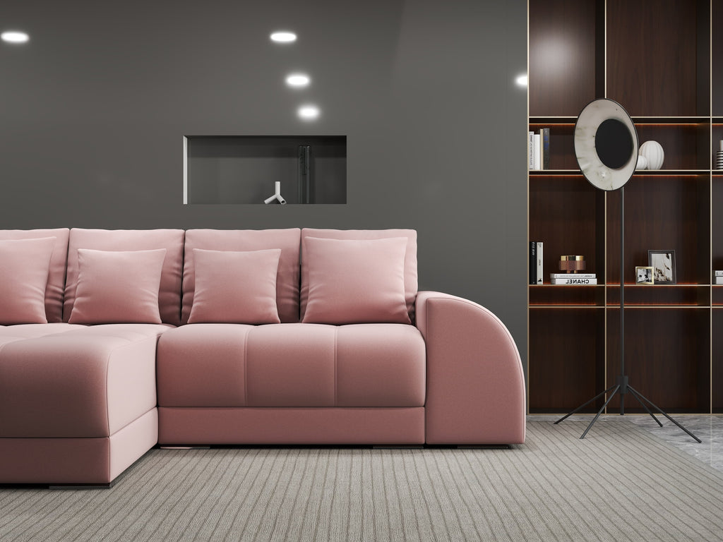 Colțar extensibil dumonde cu ladă de depozitare si sezut confortabil din spuma high-density, Verona Royal Roz 290x185 cm