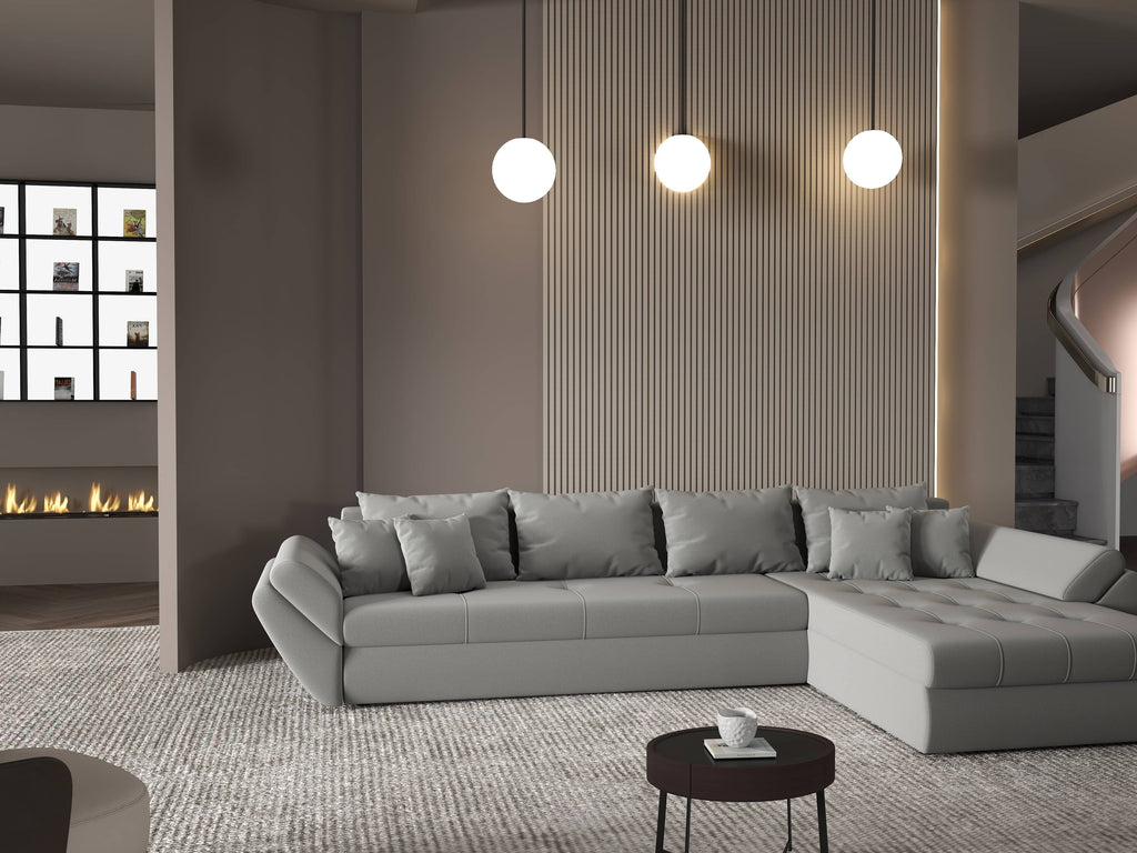 Colțar extensibil dumonde cu ladă de depozitare si sezut confortabil din spuma high-density, Loana XL Royal Gri II 335x185 cm