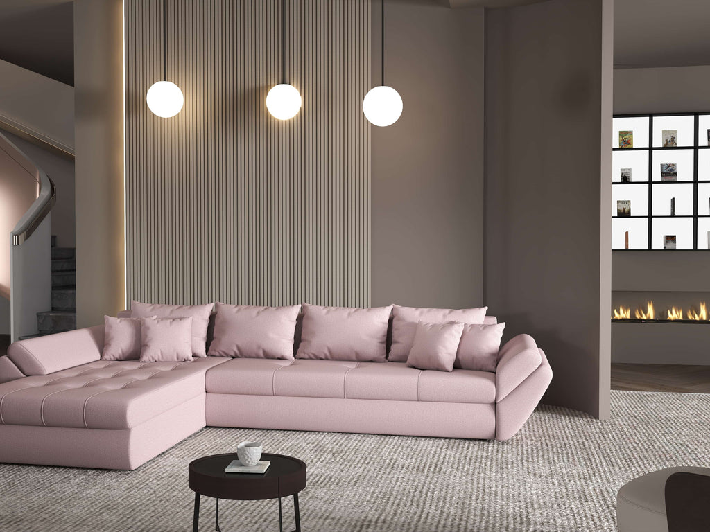 Colțar extensibil dumonde cu ladă de depozitare si sezut confortabil din spuma high-density, Loana XL Enjoy Flamingo 335x185 cm