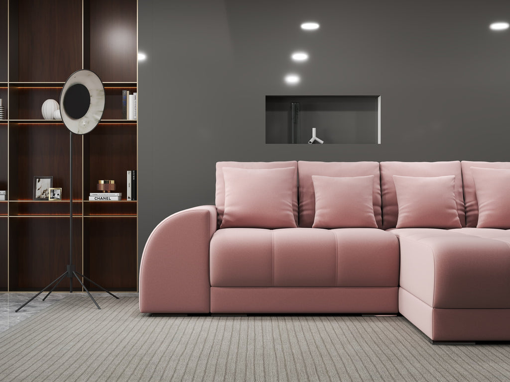Colțar extensibil dumonde cu ladă de depozitare si sezut confortabil din spuma high-density, Verona Royal Roz II 290x185 cm