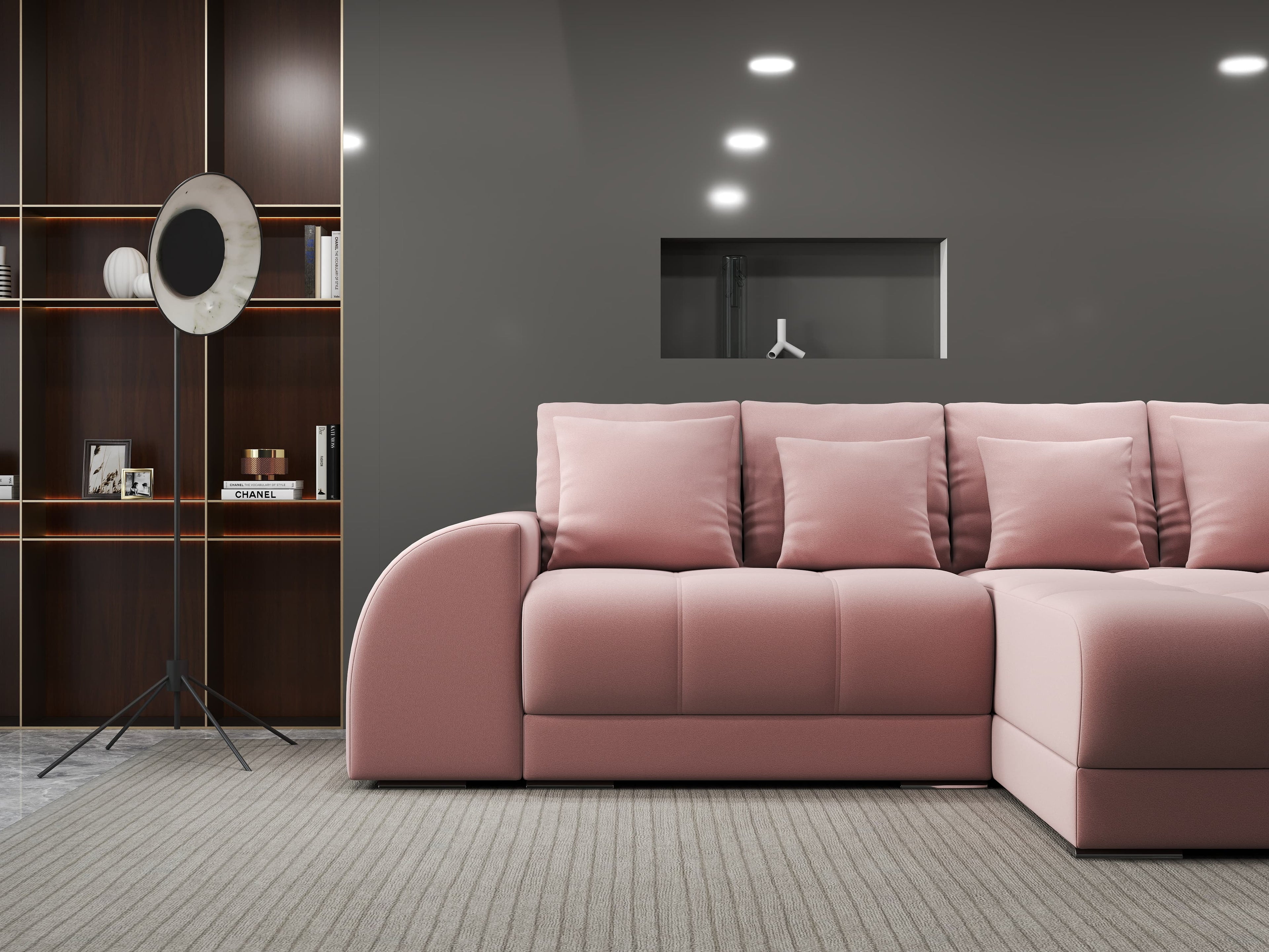 Colțar extensibil dumonde cu ladă de depozitare si sezut confortabil din spuma high-density, Verona Royal Roz II 290x185 cm