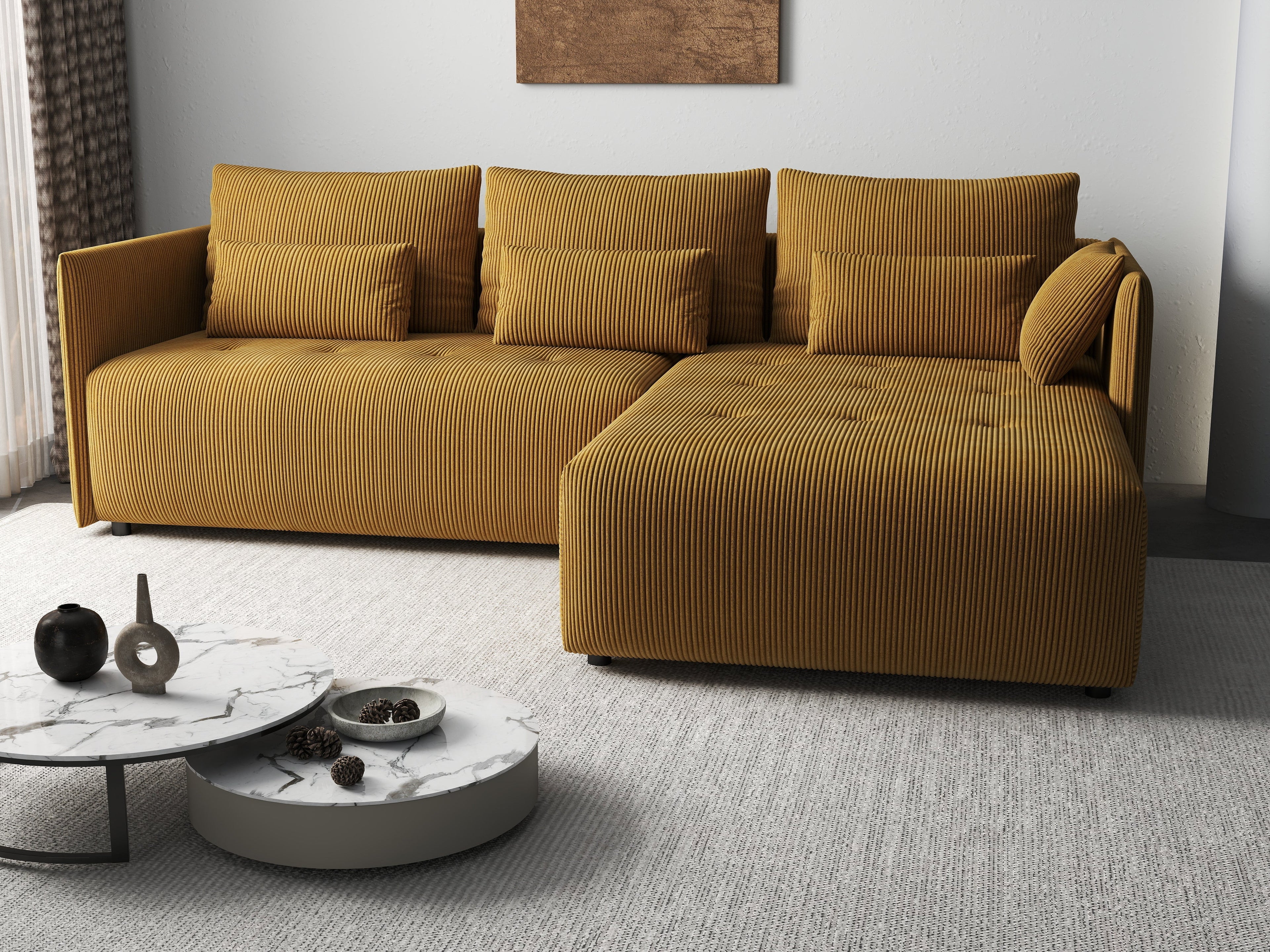 Colțar extensibil dumonde cu ladă de depozitare si sezut confortabil din spuma high-density, Malta Zoom Mustar 235x185 cm