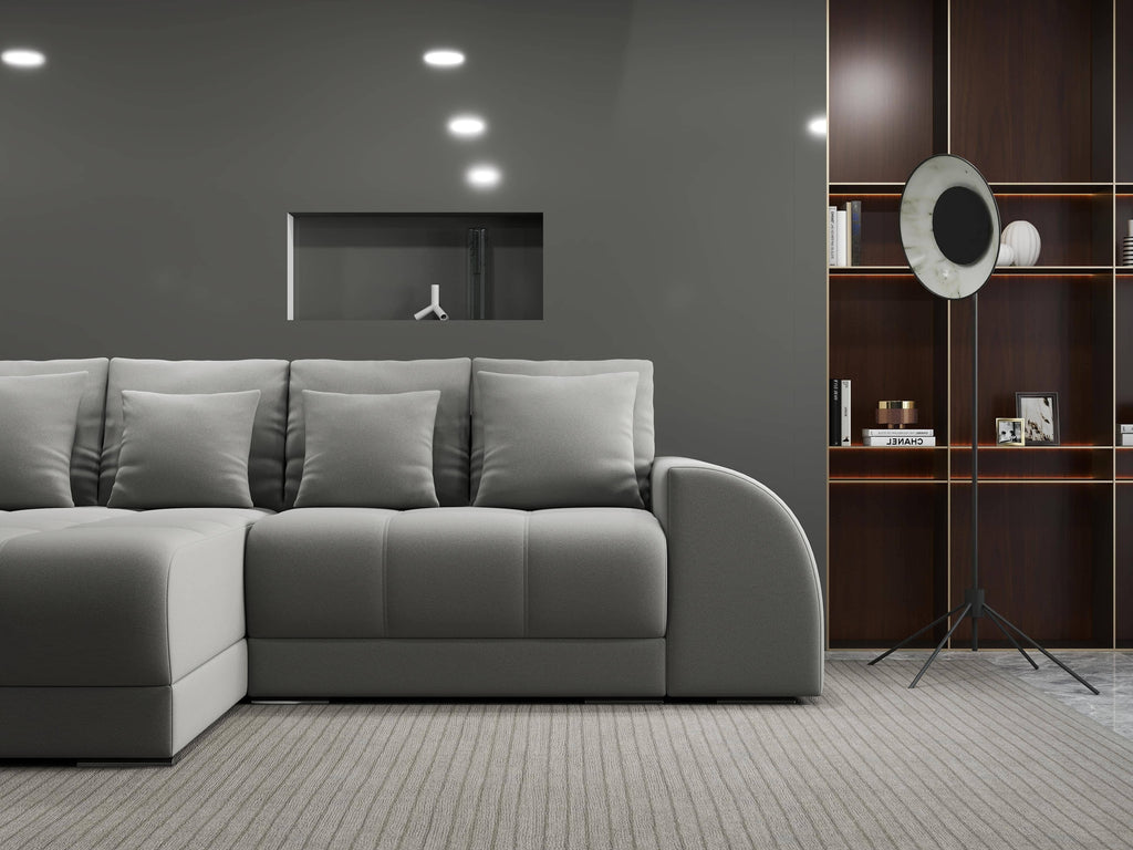 Colțar extensibil dumonde cu ladă de depozitare si sezut confortabil din spuma high-density, Verona Royal Gri 290x185 cm