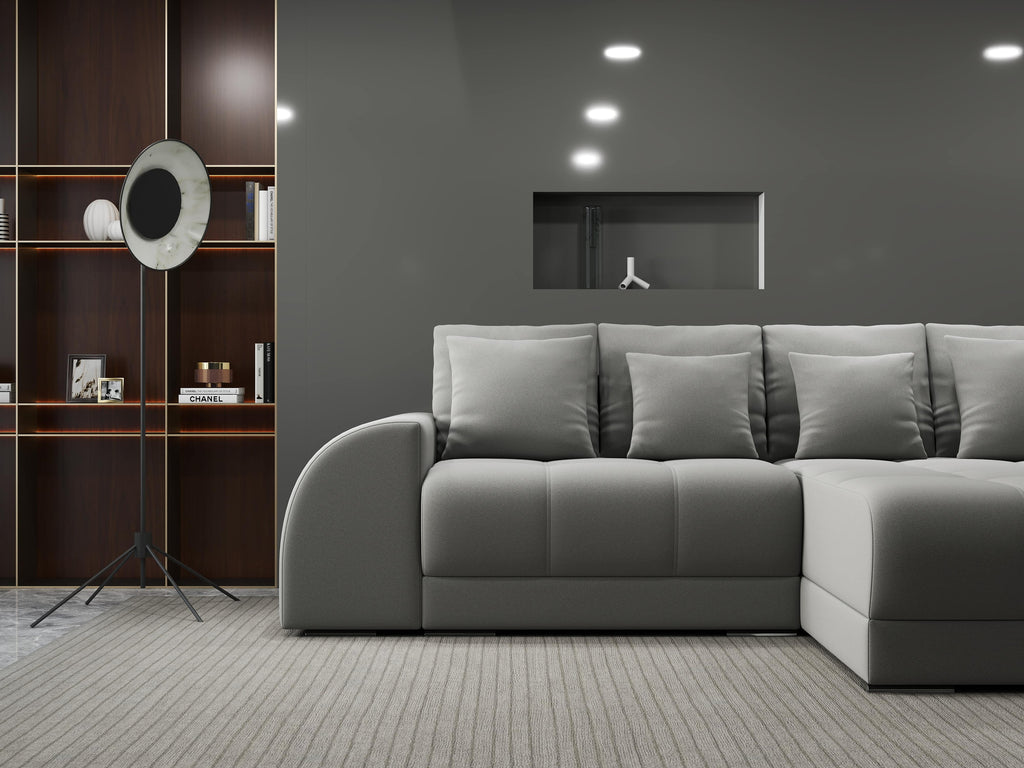 Colțar extensibil dumonde cu ladă de depozitare si sezut confortabil din spuma high-density, Verona Royal Gri II 290x185 cm
