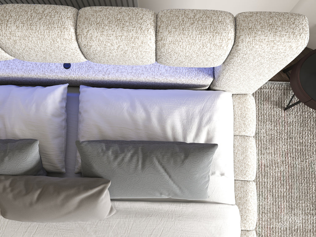 Pat dormitor dumonde, tapitat gri cu LED si USB, Palermo 160x200 cm, somiera rabatabila inclusa, spatiu depozitare