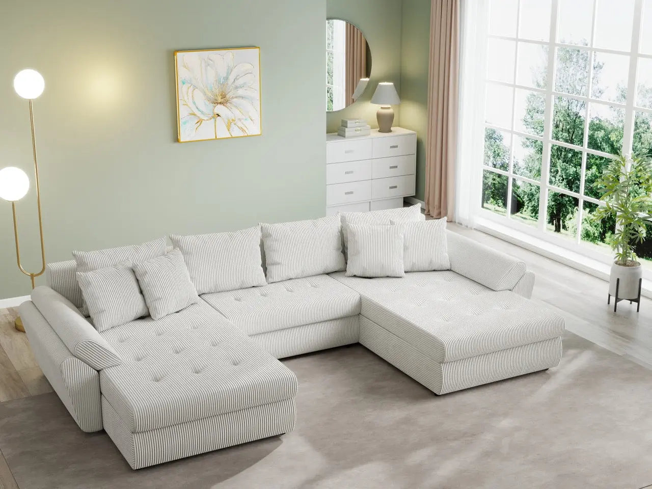 Colțar extensibil dumonde cu ladă de depozitare si sezut confortabil din spuma high-density, Loana U Zoom Cream 355x185 cm