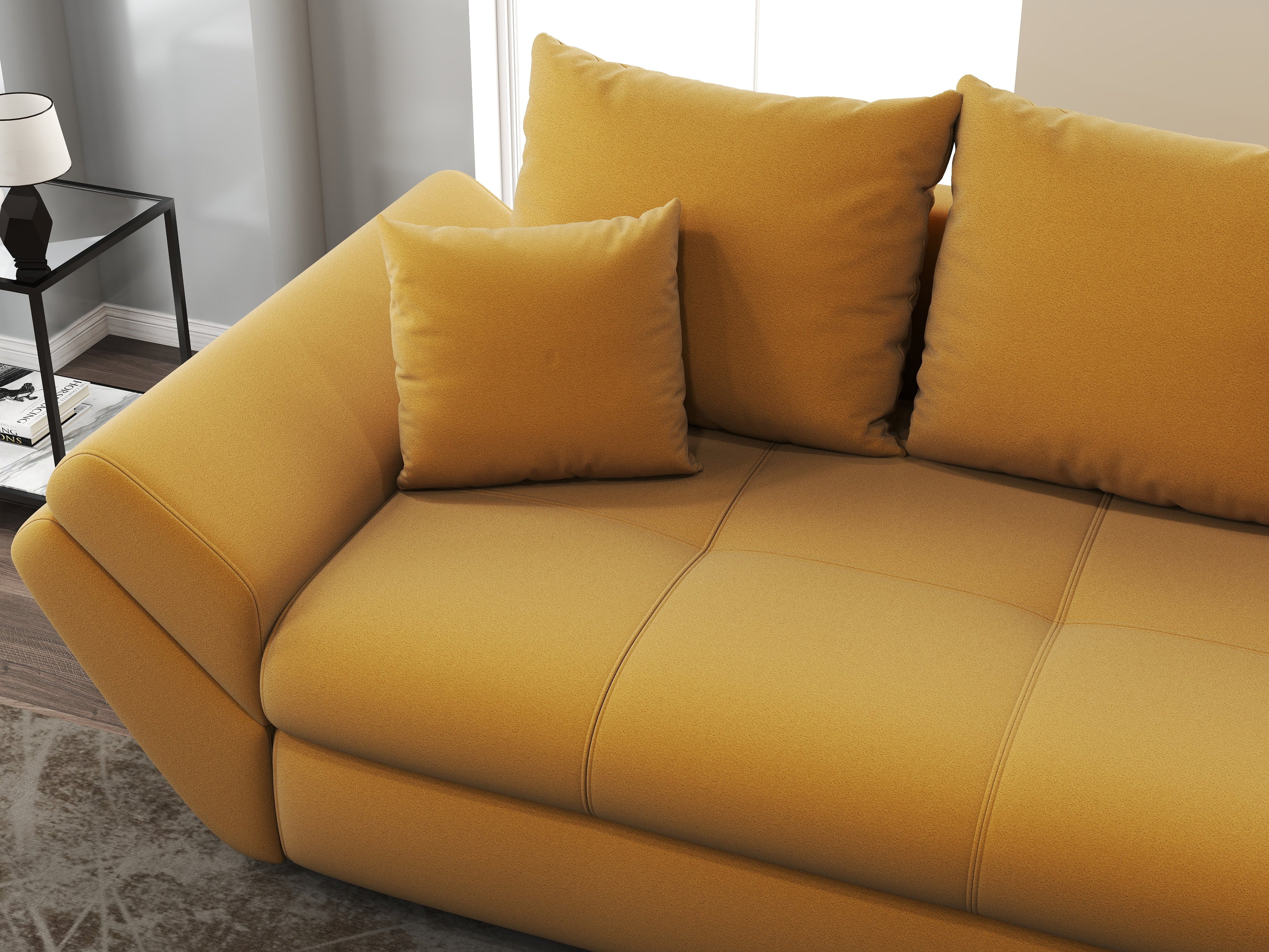 Canapea extensibilă dumonde cu ladă de depozitare si sezut confortabil din spuma high-density, Loana Royal Mustar 250x100 cm
