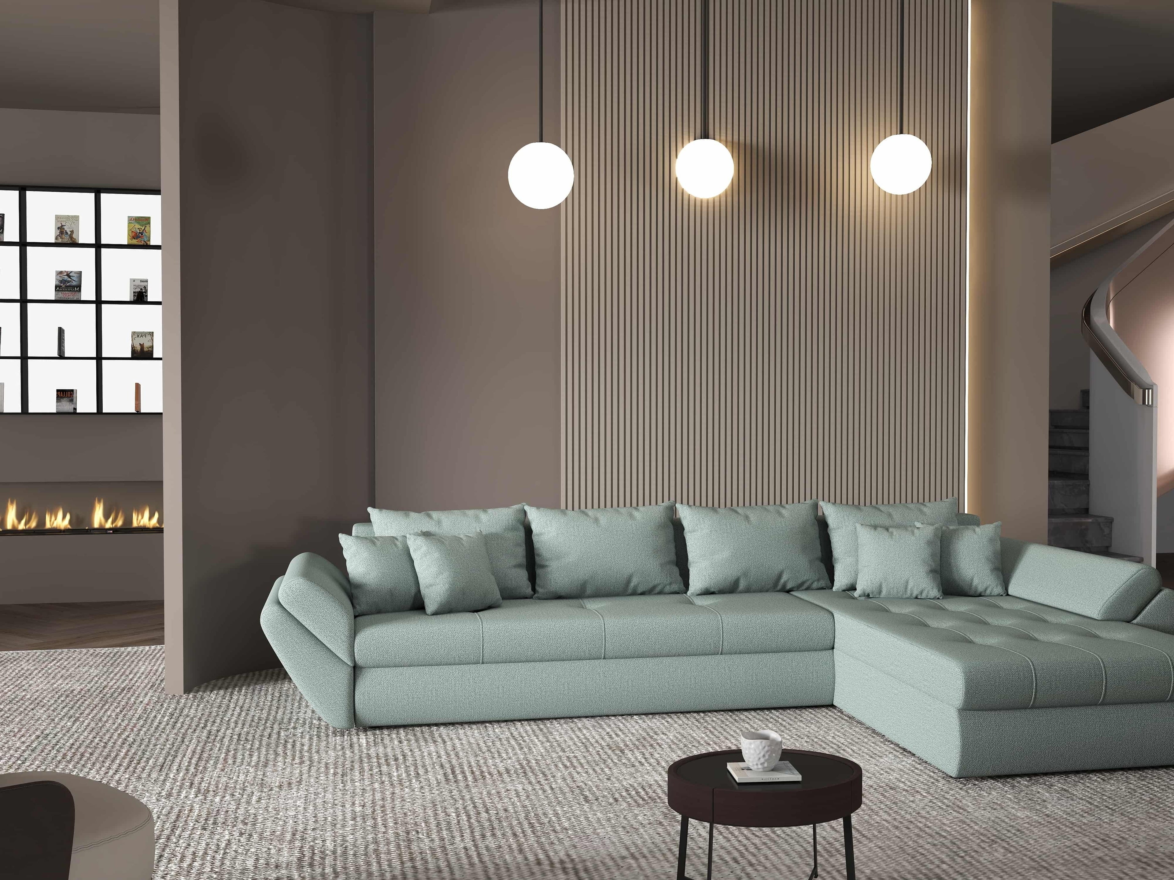 Colțar extensibil dumonde cu ladă de depozitare si sezut confortabil din spuma high-density, Loana XL Enjoy Mint II 335x185 cm