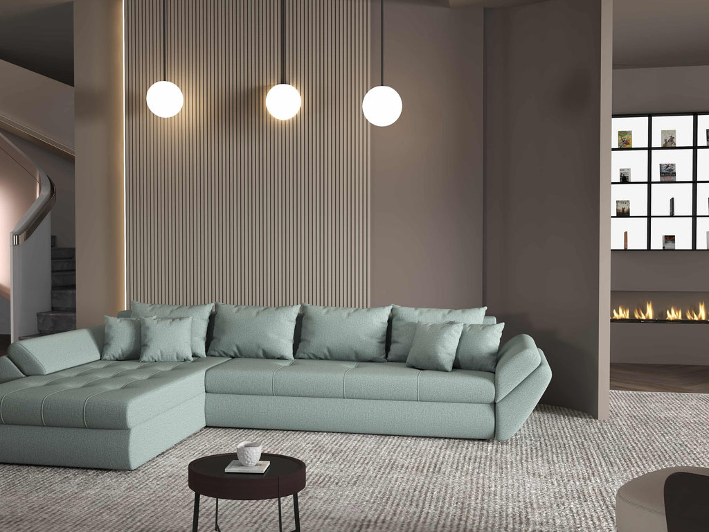 Colțar extensibil dumonde cu ladă de depozitare si sezut confortabil din spuma high-density, Loana XL Enjoy Mint 335x185 cm
