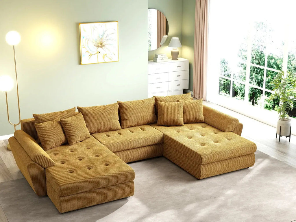 Colțar extensibil dumonde cu ladă de depozitare si sezut confortabil din spuma high-density, Loana U Zoom Mustar 355x185 cm