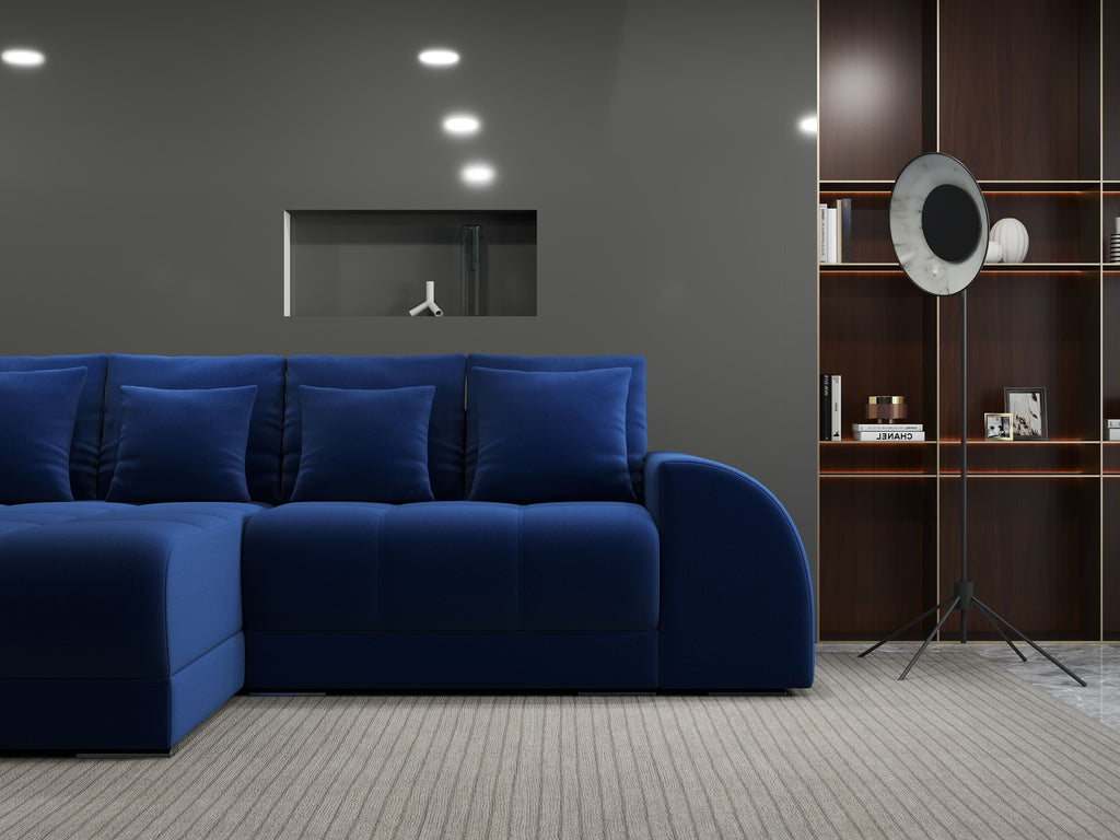 Colțar extensibil dumonde cu ladă de depozitare si sezut confortabil din spuma high-density, Verona Royal Albastru 290x185 cm