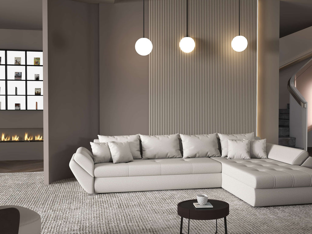 Colțar extensibil dumonde cu ladă de depozitare si sezut confortabil din spuma high-density, Loana XL Enjoy Beige II 335x185 cm