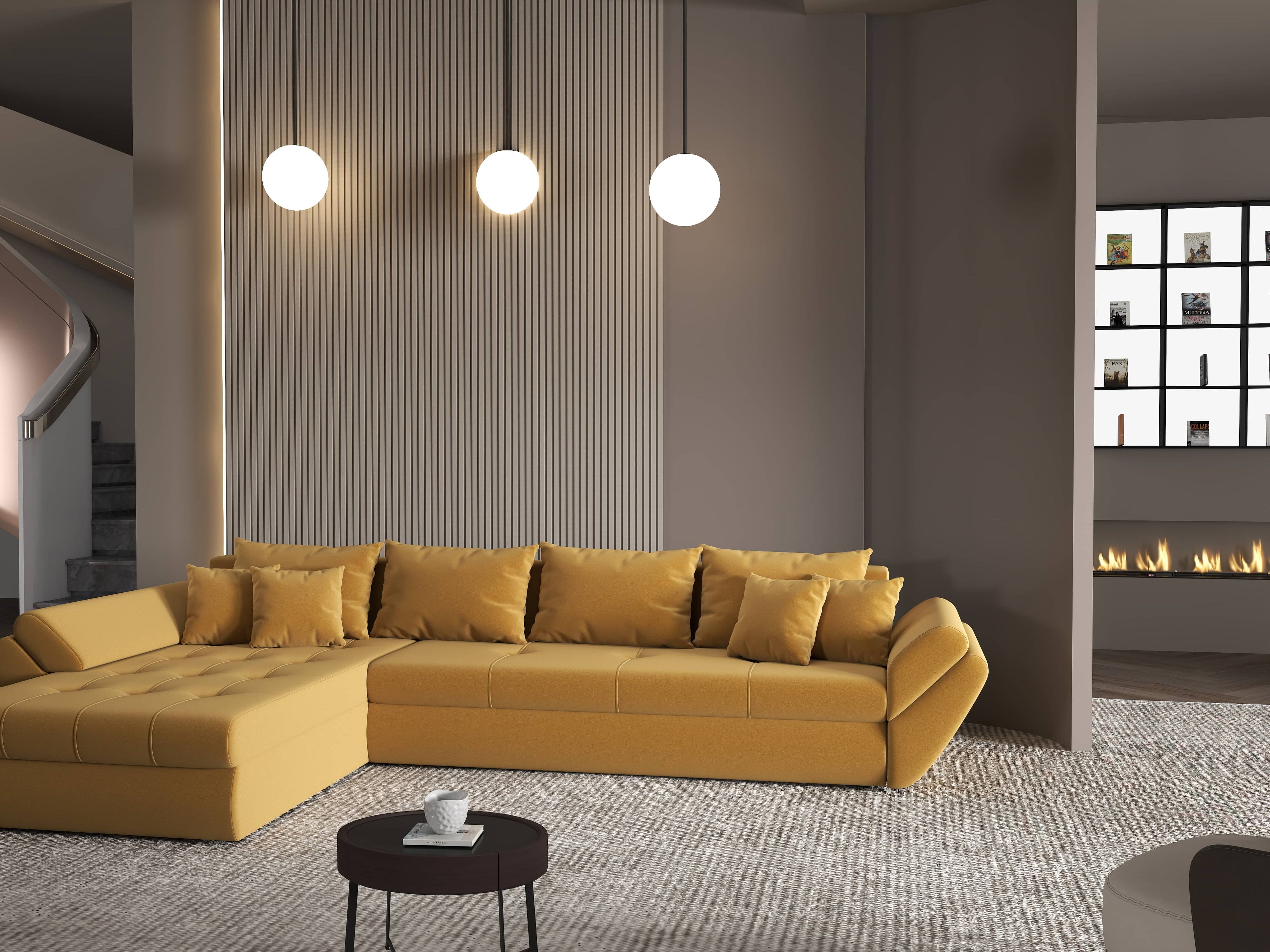 Colțar extensibil dumonde cu ladă de depozitare si sezut confortabil din spuma high-density, Loana XL Royal Mustar 335x185 cm