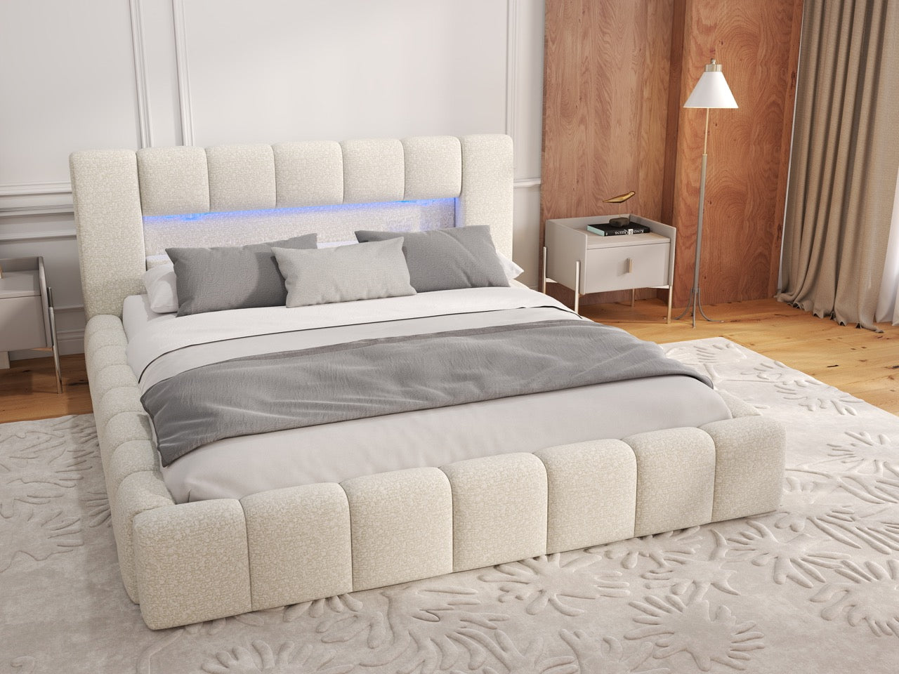 Pat dormitor dumonde, tapitat bej cu LED si USB, Palermo 160x200 cm, somiera rabatabila inclusa, spatiu depozitare