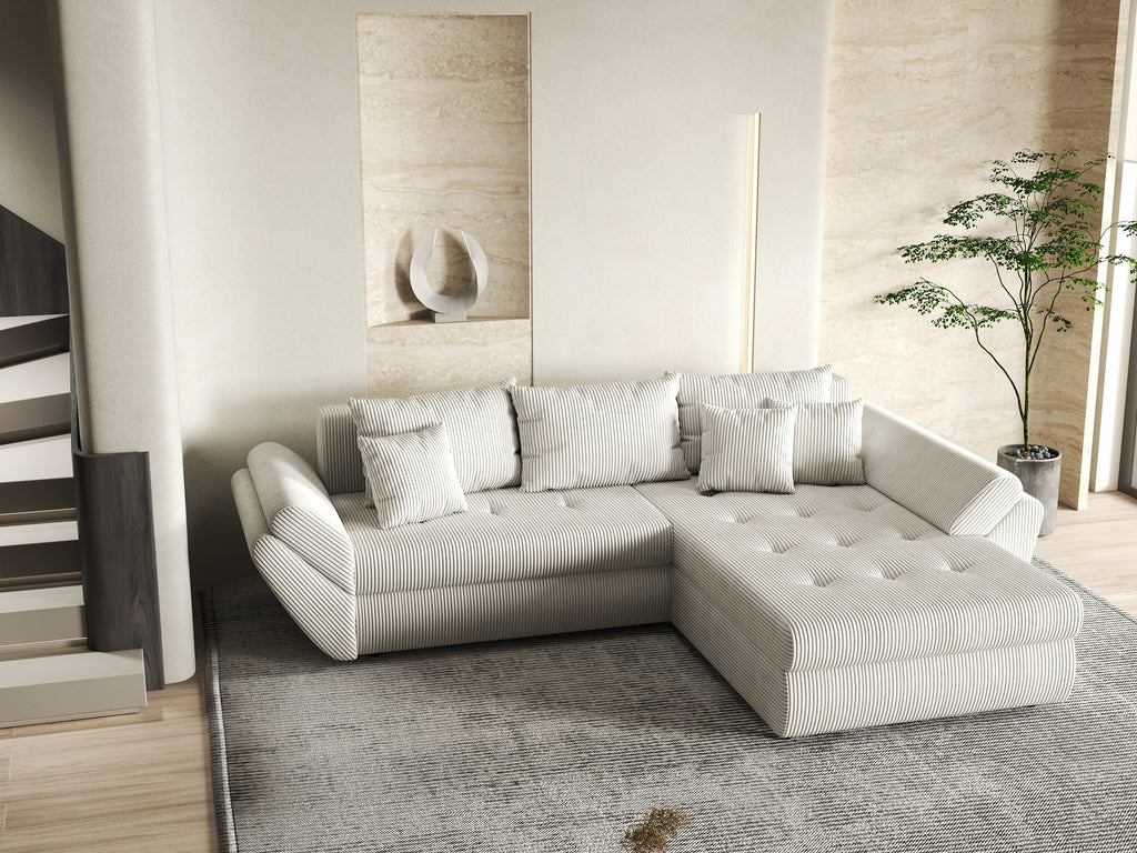 Colțar extensibil dumonde cu ladă de depozitare si sezut confortabil din spuma high-density, Loana Zoom Crem II 270x185 cm