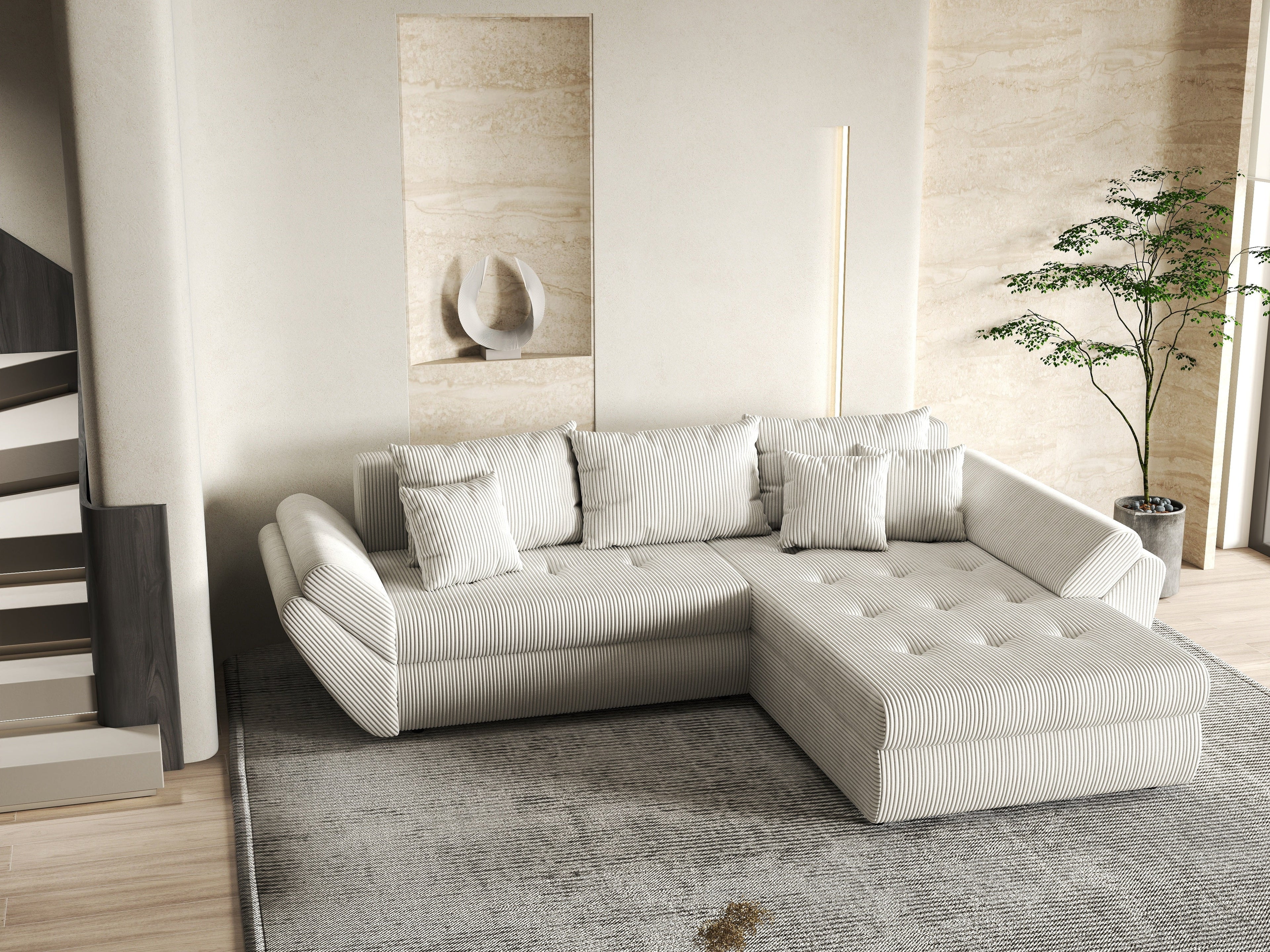 Colțar extensibil dumonde cu ladă de depozitare si sezut confortabil din spuma high-density, Loana Zoom Crem II 270x185 cm