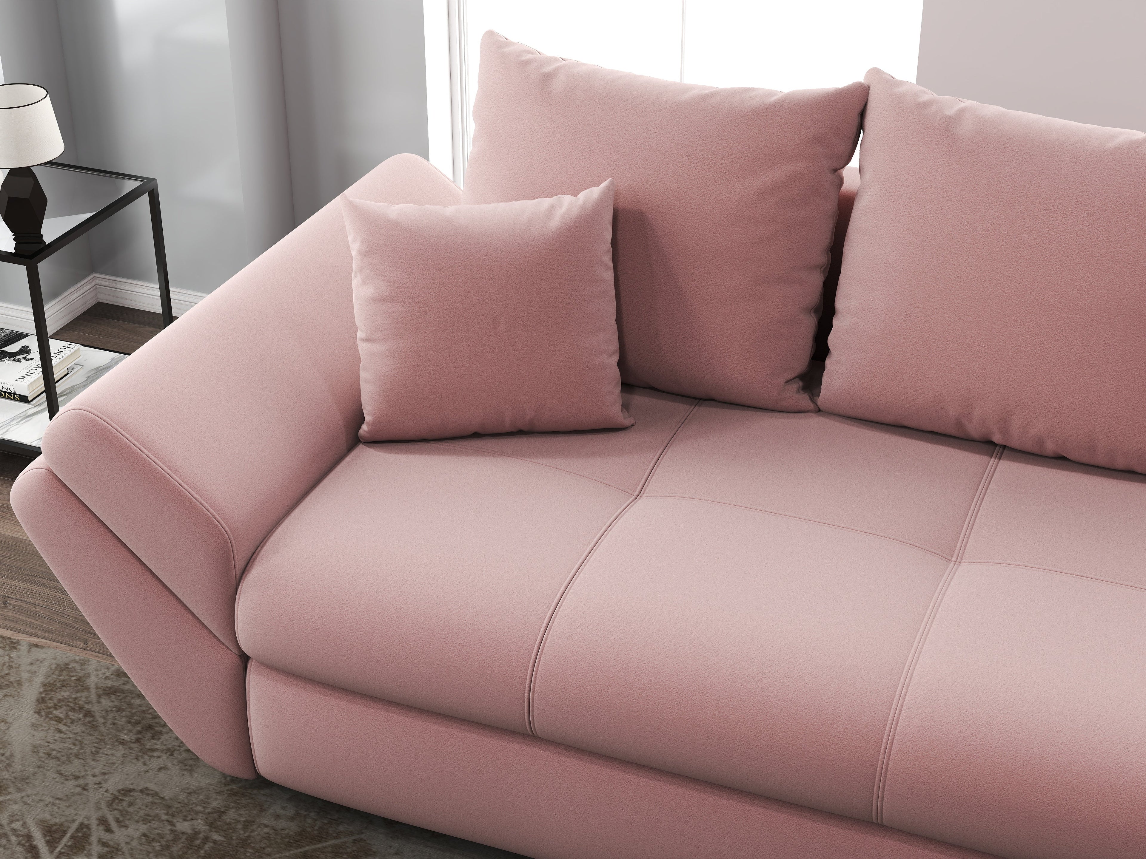 Canapea extensibilă dumonde cu ladă de depozitare si sezut confortabil din spuma high-density, Loana Royal Pink 250x100 cm