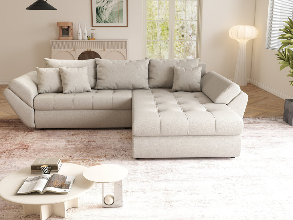 Colțar extensibil dumonde cu ladă de depozitare si sezut confortabil din spuma high-density, Loana Enjoy Bej II 270x185 cm