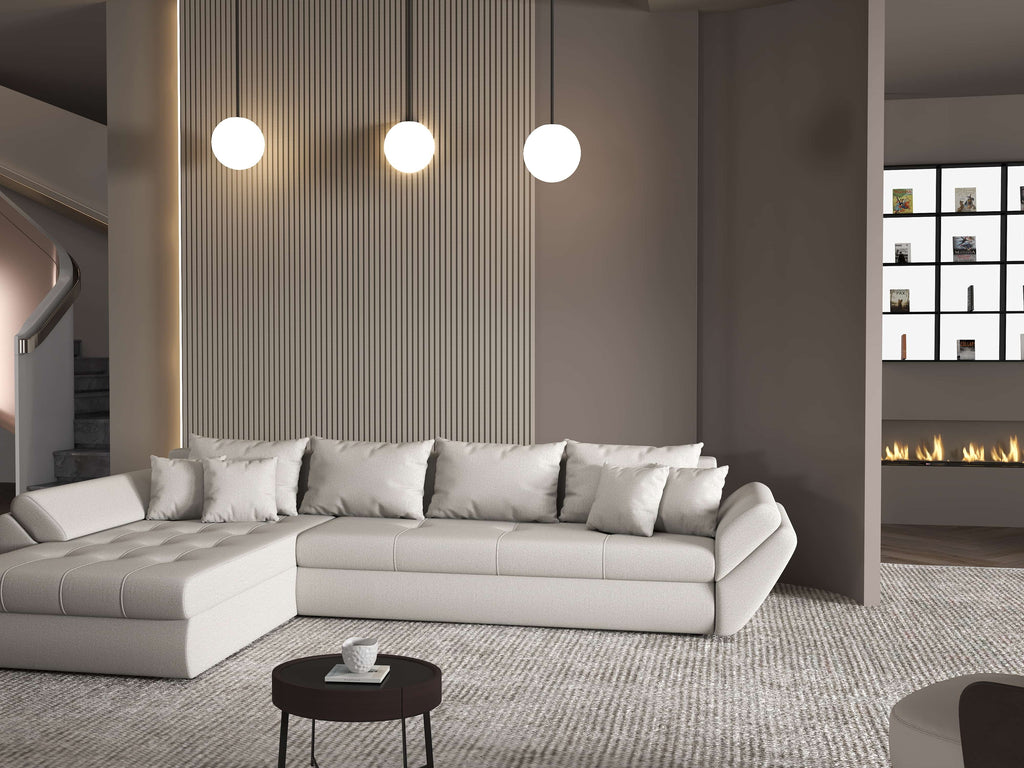 Colțar extensibil dumonde cu ladă de depozitare si sezut confortabil din spuma high-density, Loana XL Enjoy Beige 335x185 cm