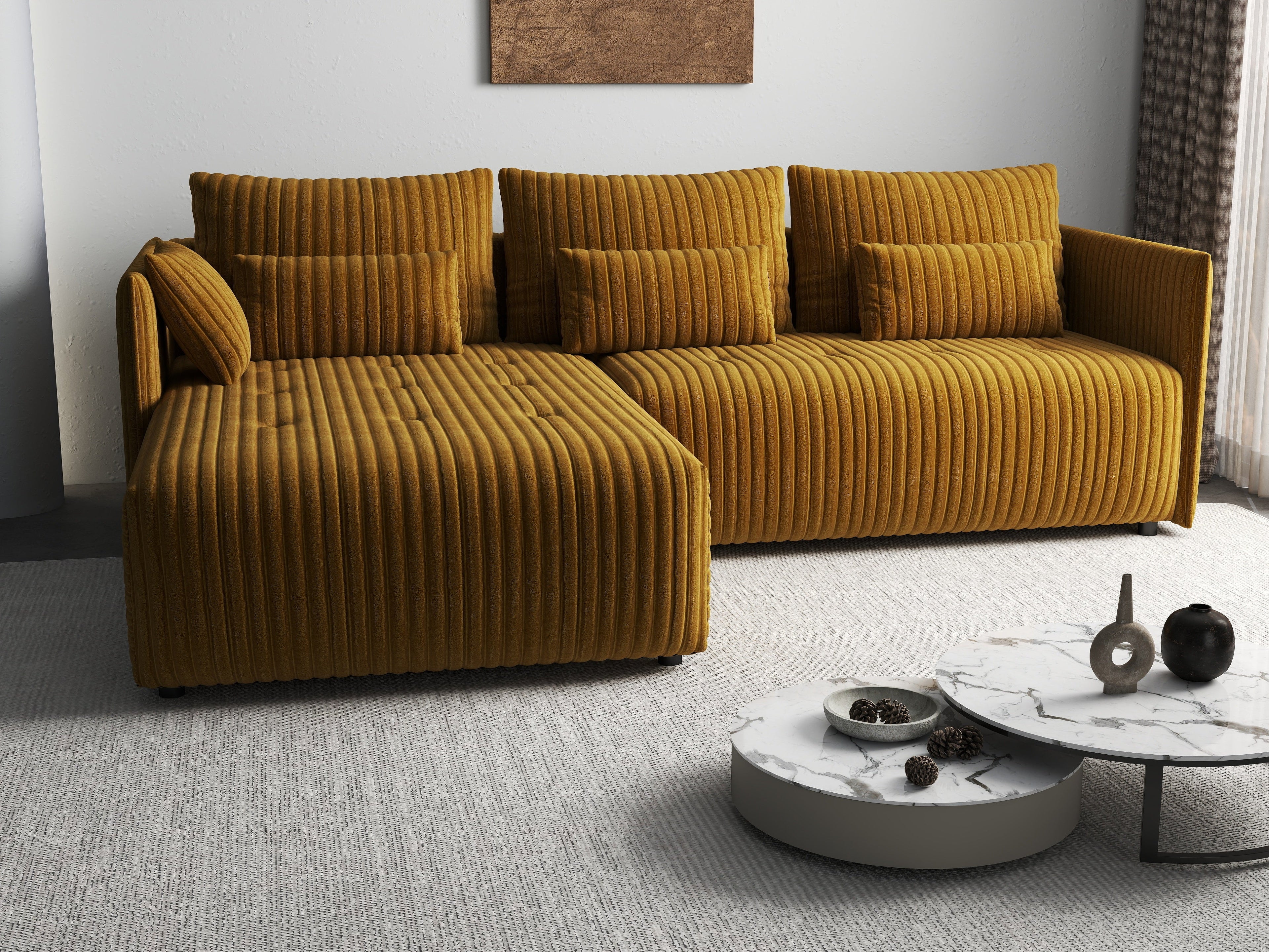 Colțar extensibil dumonde cu ladă de depozitare si sezut confortabil din spuma high-density, Malta Ambience Mustard 235x185 cm